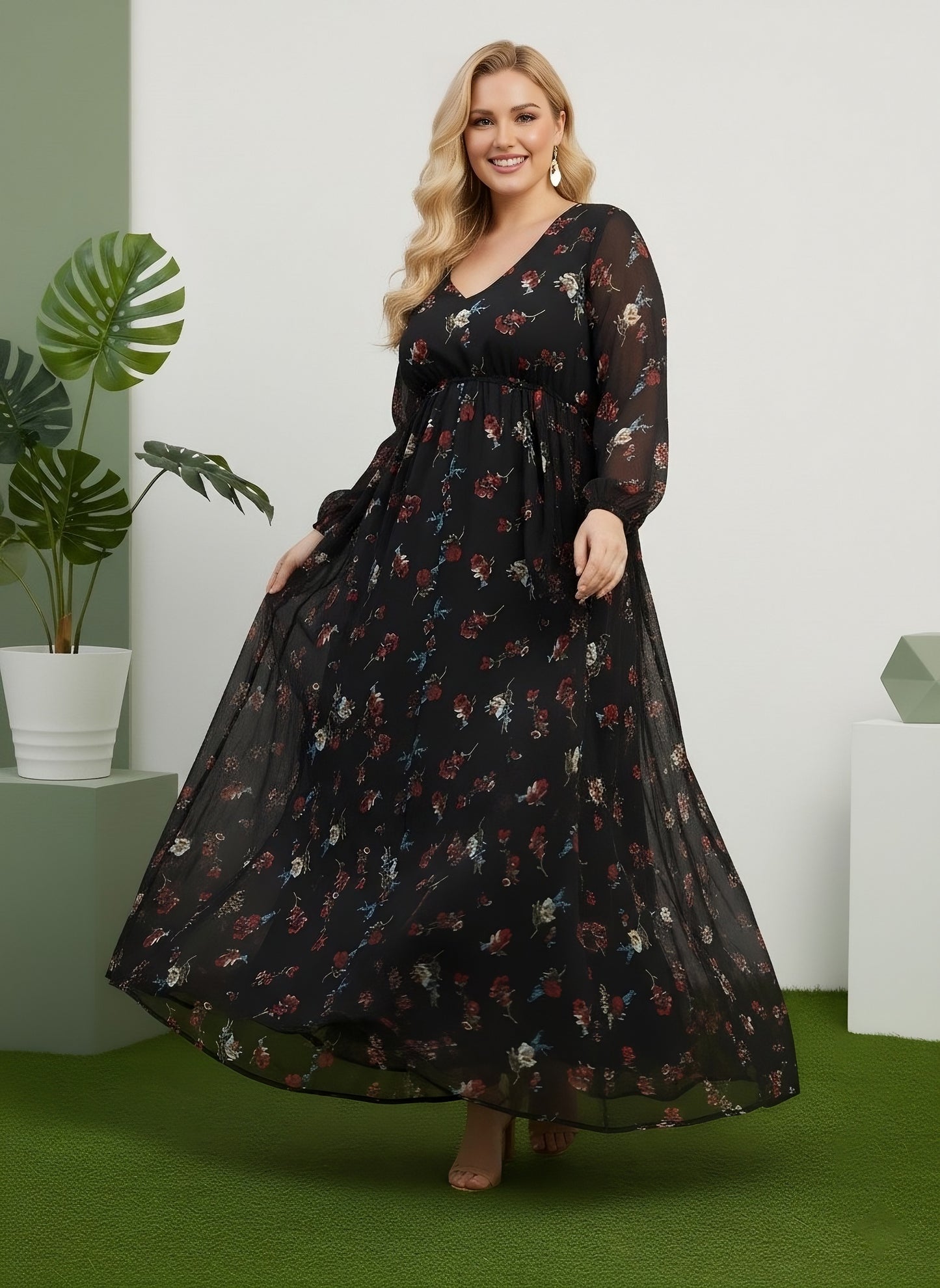 Berrylush Curve Women Black & Red Floral Printed V-Neck Bishop Sleeves Waist Tie-Up Pleated Maxi Dress