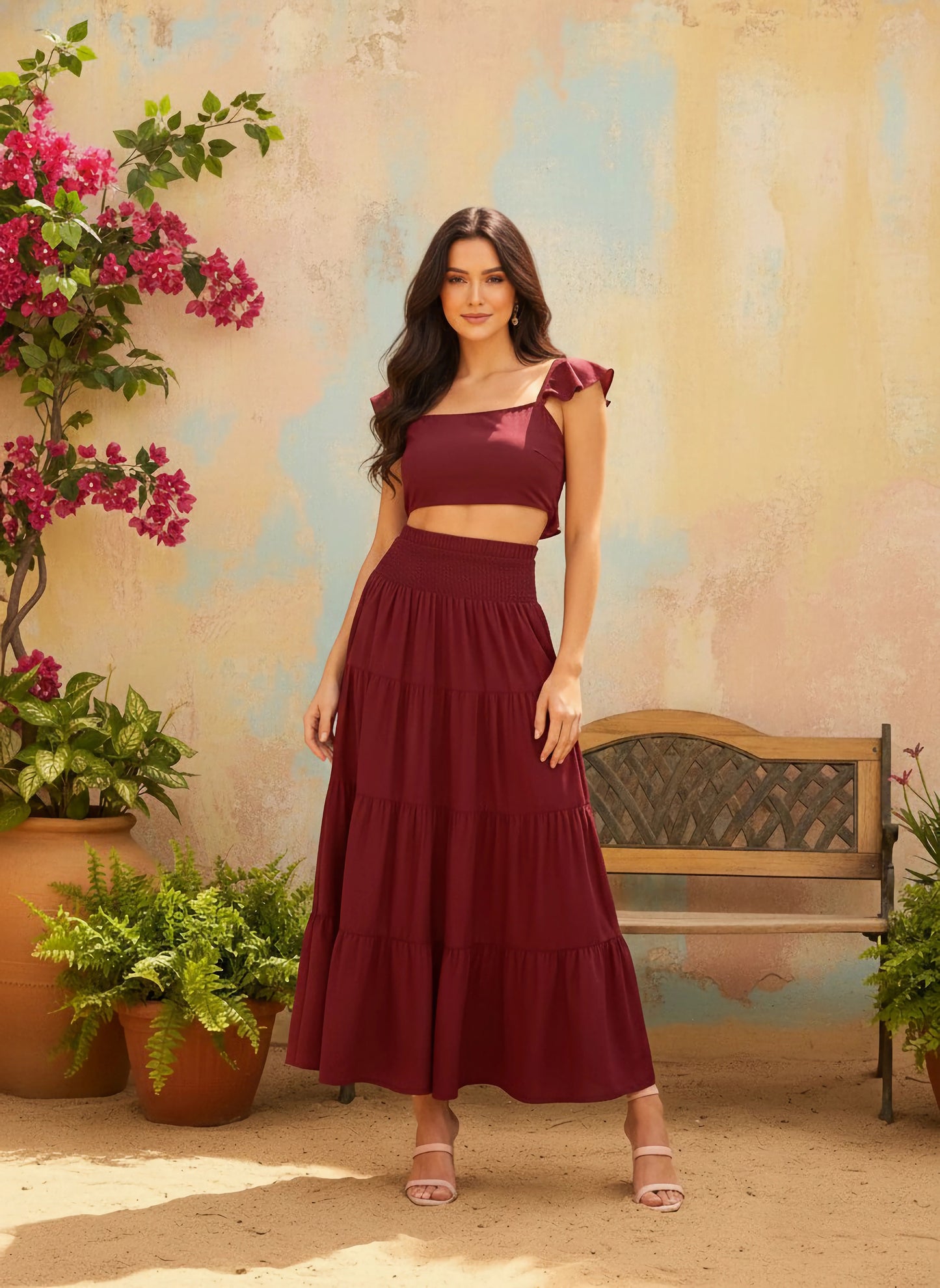 Berrylush Women Solid Maroon Square Neckline Cap Sleeves Cropped Top & Smocked Maxi Skirt Co-Ord Set