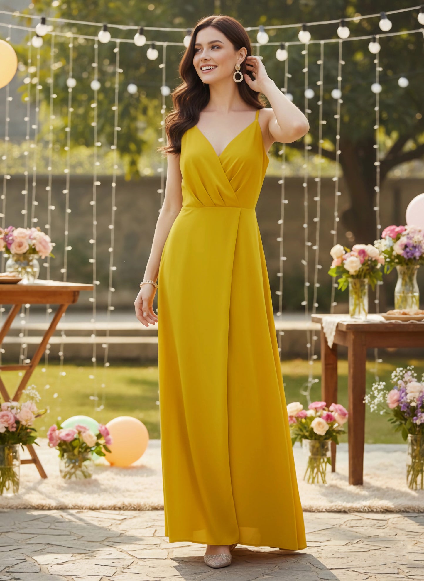 Berrylush Women Solid Yellow V-Neck Sleeveless Crepe Thigh-High Slit A-Line Maxi Dress