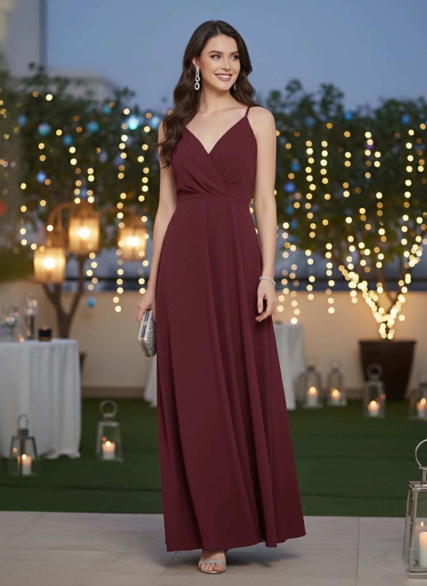 Women Solid Maroon V-Neck Sleeveless Crepe Thigh-High Slit A-Line Maxi Dress - Berrylush Women Solid Maroon V-Neck Sleeveless Crepe Thigh-High Slit A-Line Maxi Dress - Berrylush