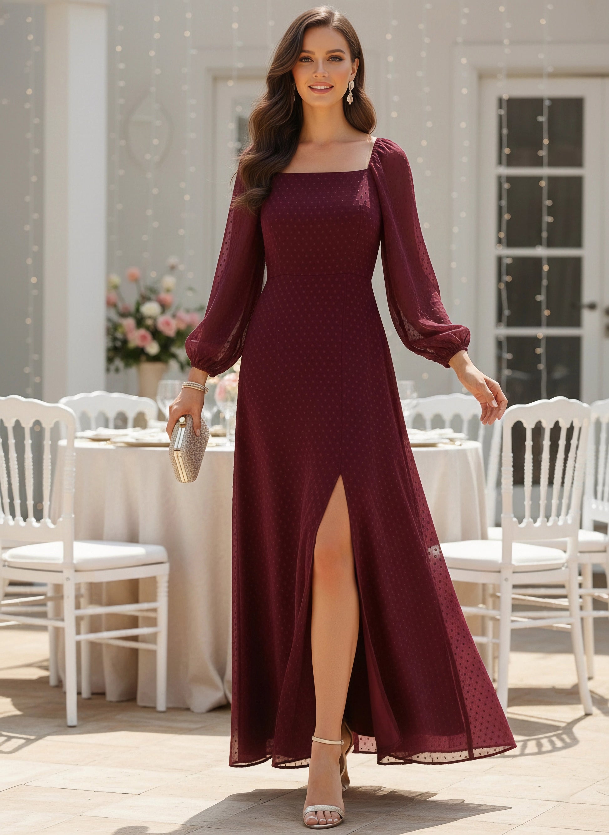 Berrylush Women Maroon Square Neck Dotted Maxi Dress