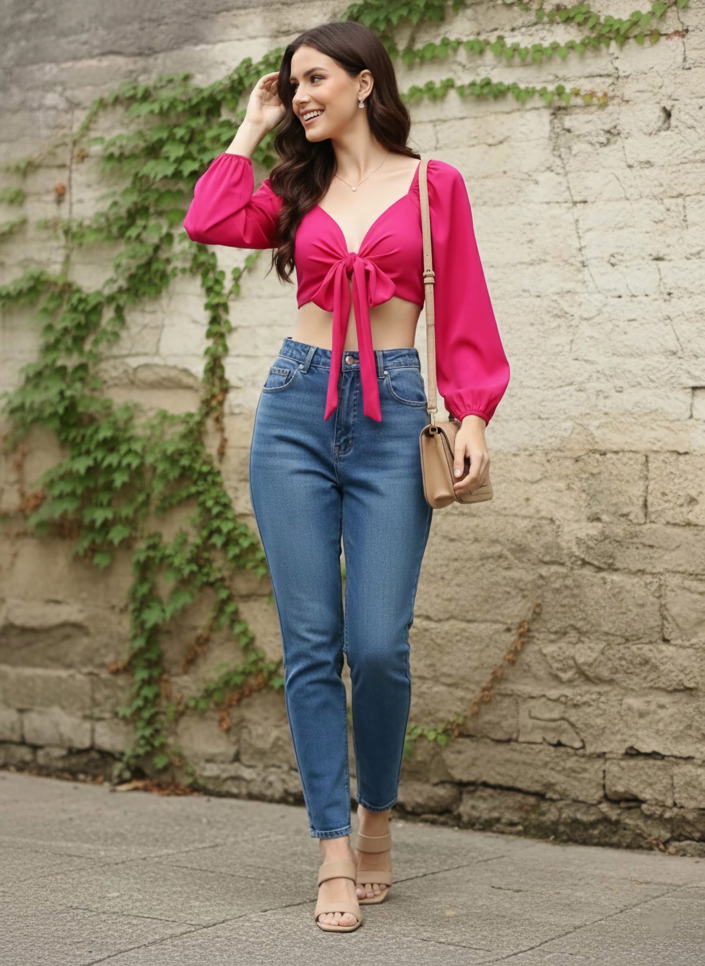 Berrylush Women Solid Pink Sweetheart Neck Front Tie-Up Crepe Cropped Top