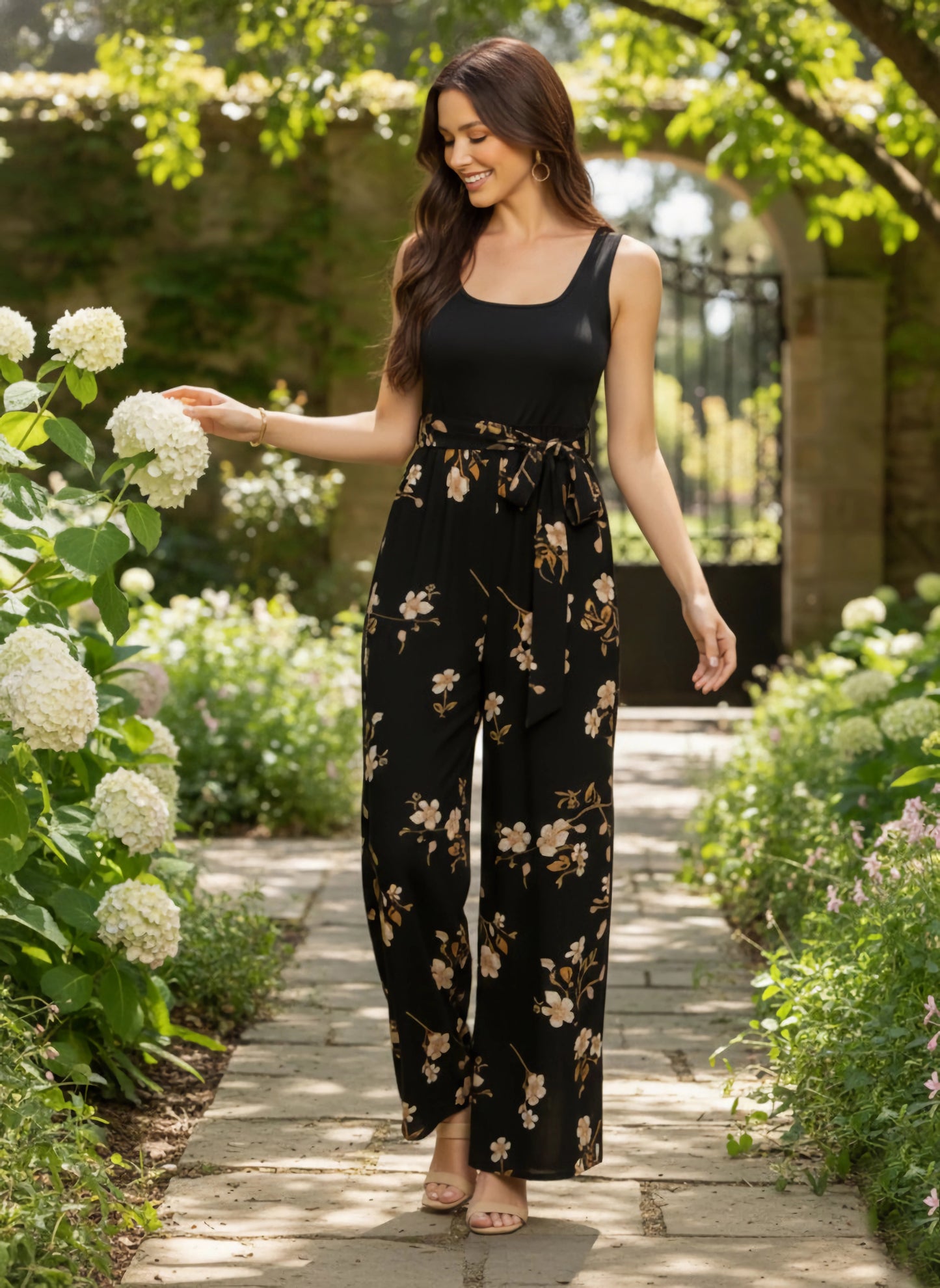Berrylush Women Black & Yellow Floral Printed Square Neck Sleeveless Scoop Back Waist Tie-Up Wide-Leg Pleated Maxi Jumpsuit