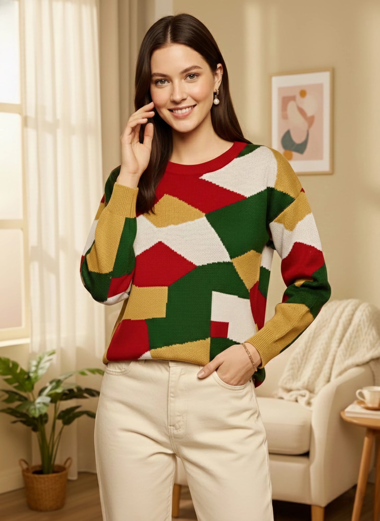 Berrylush Women Multicolour Geometrical Printed Round Neck Drop-Shoulder Sleeves Acrylic Ribbed Hem Regular Pullover