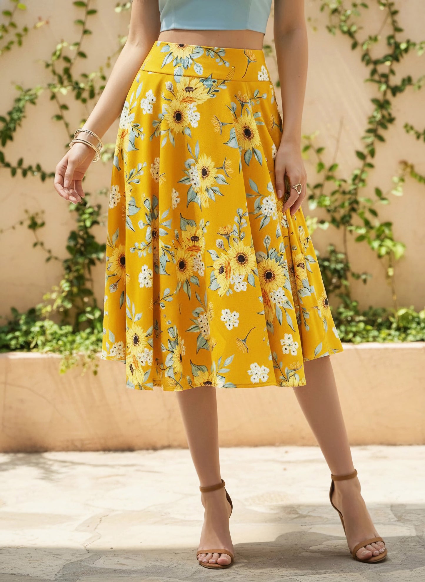 Berrylush Women Yellow & Green Floral Printed High-Rise Waist Slip-On Pleated A-Line Midi Skirt