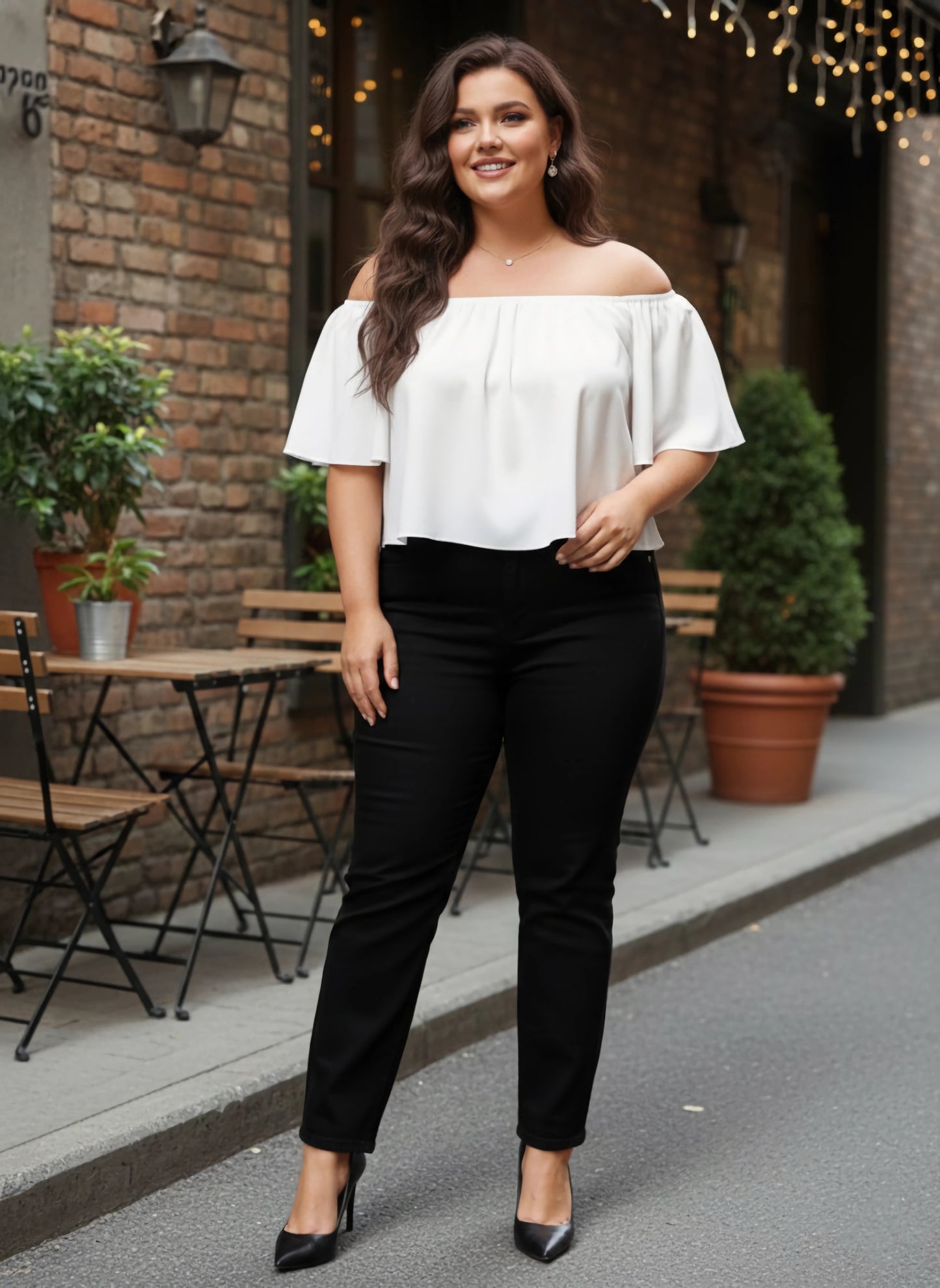 Berrylush Women Plus Size Solid White Off-Shoulder Neck Crepe Ruffled Bardot Crop Top