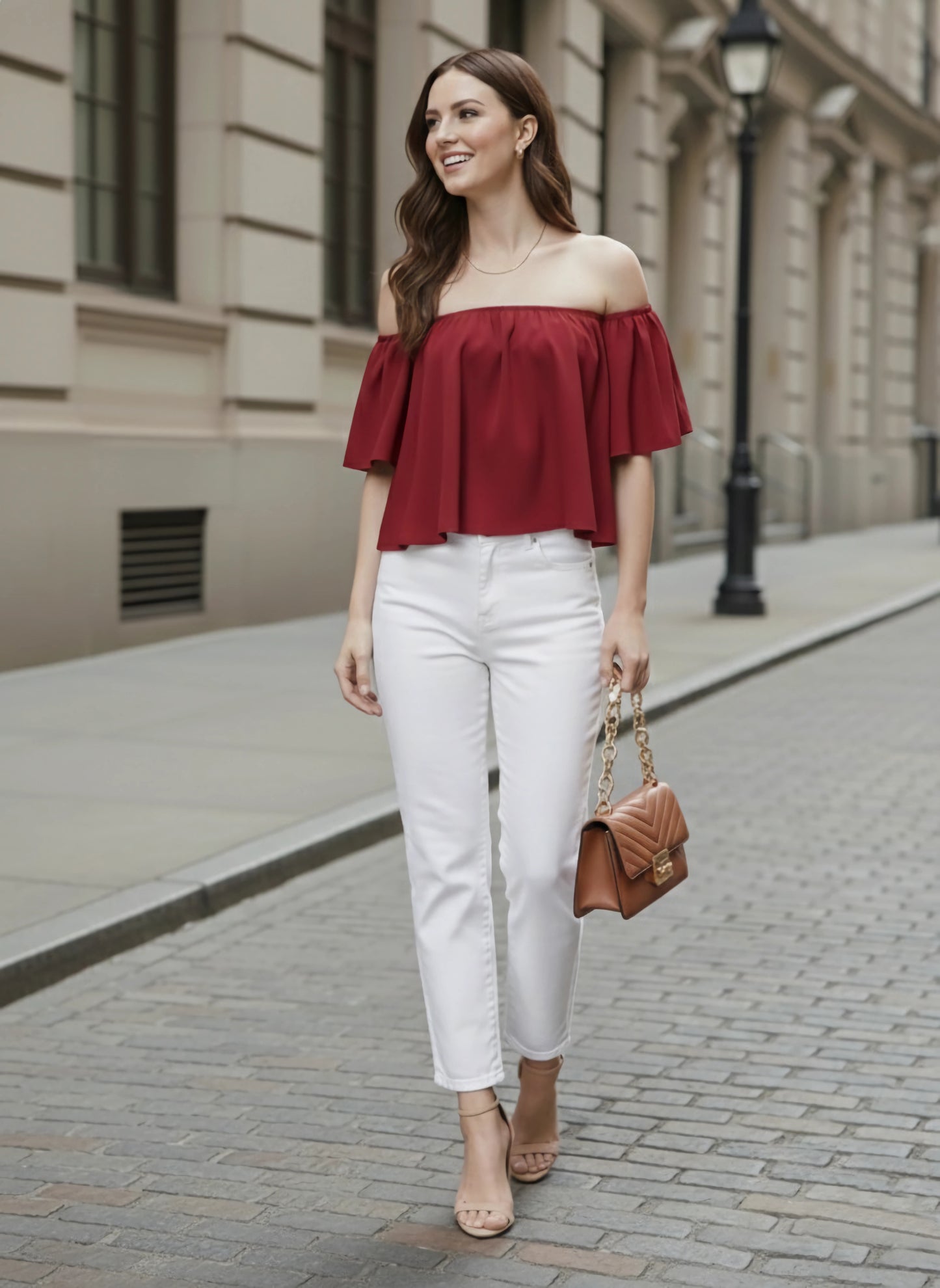 Berrylush Women Solid Red Off-Shoulder Neck Ruffled Crop Bardot Top