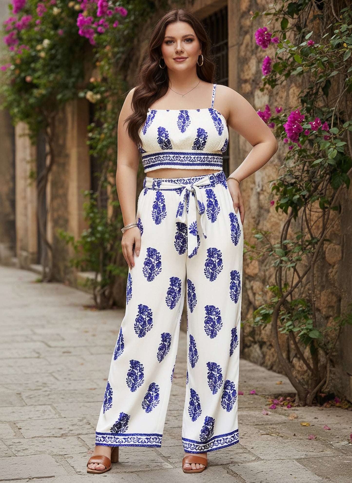 Berrylush Women Plus Size White & Blue Paisley Printed Round Neck Waist Tie-Up Crop Top & Wide-Leg Trousers Co-Ord Set