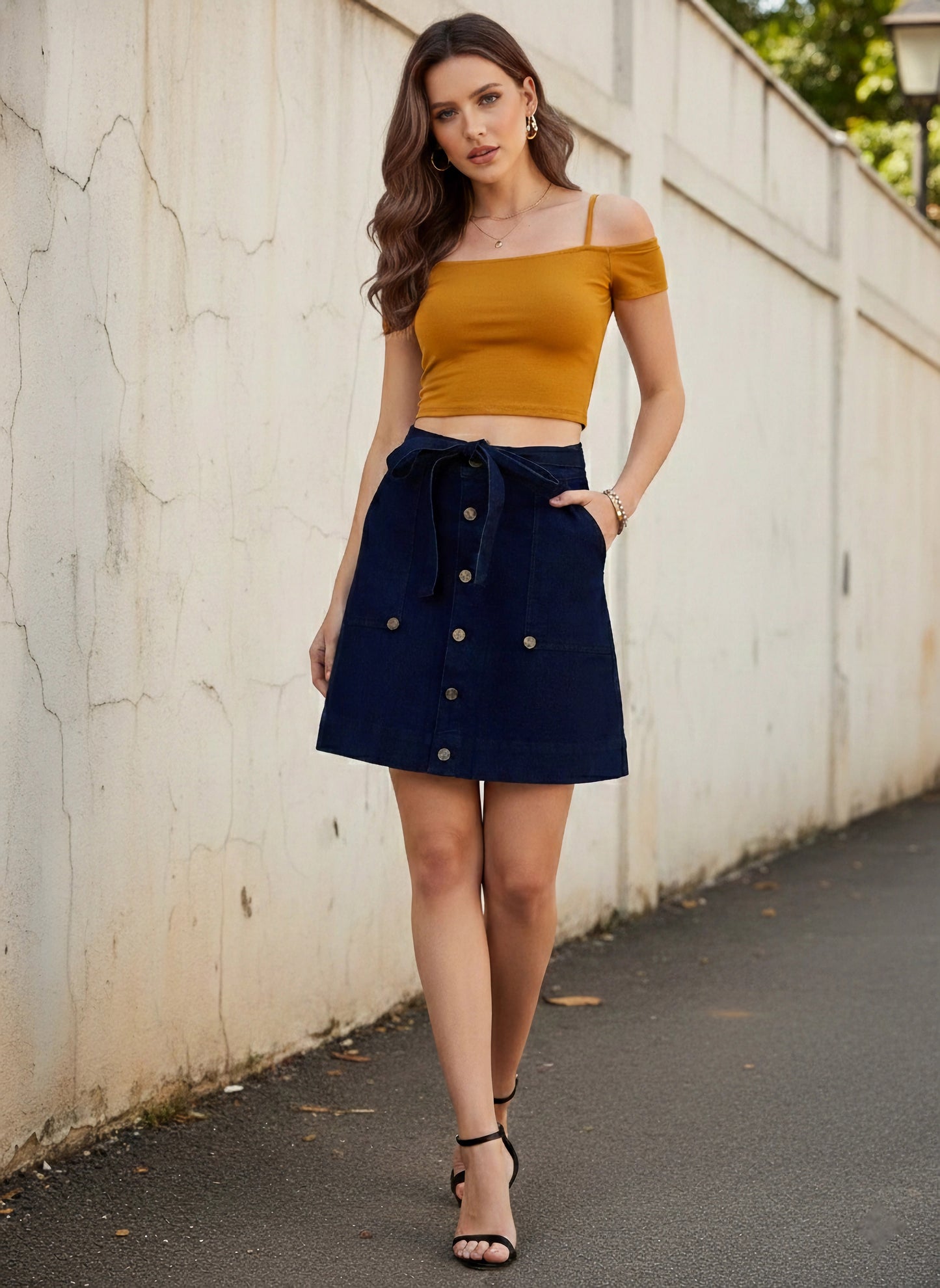Solid Navy Blue High-Rise Waist Denim Front Tie-Up Button-Up Straight Hem Flared A-Line Mini Skirt
