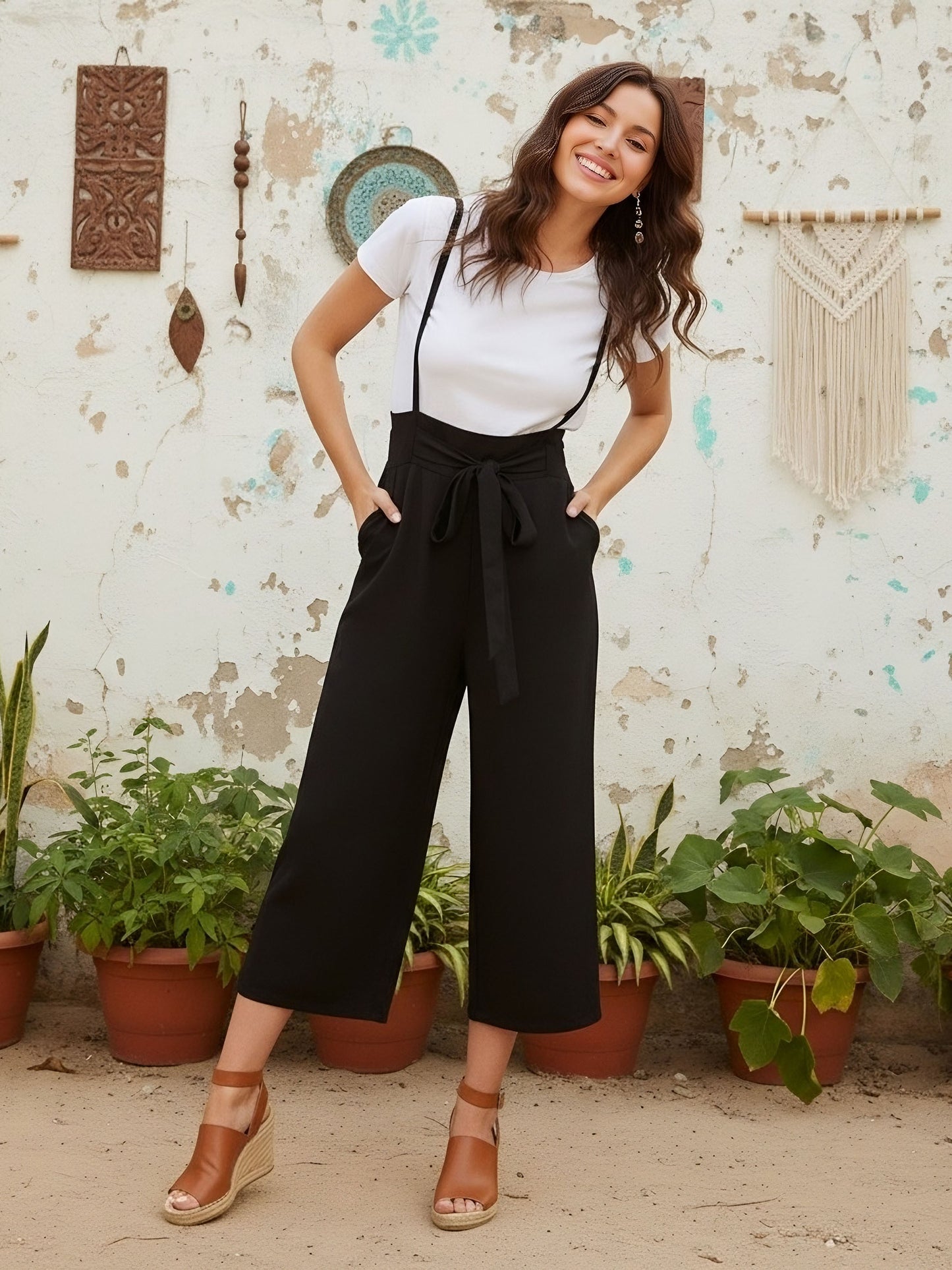 Berrylush Women Solid Black Smocked Back Tie-Up Capri Jumpsuit