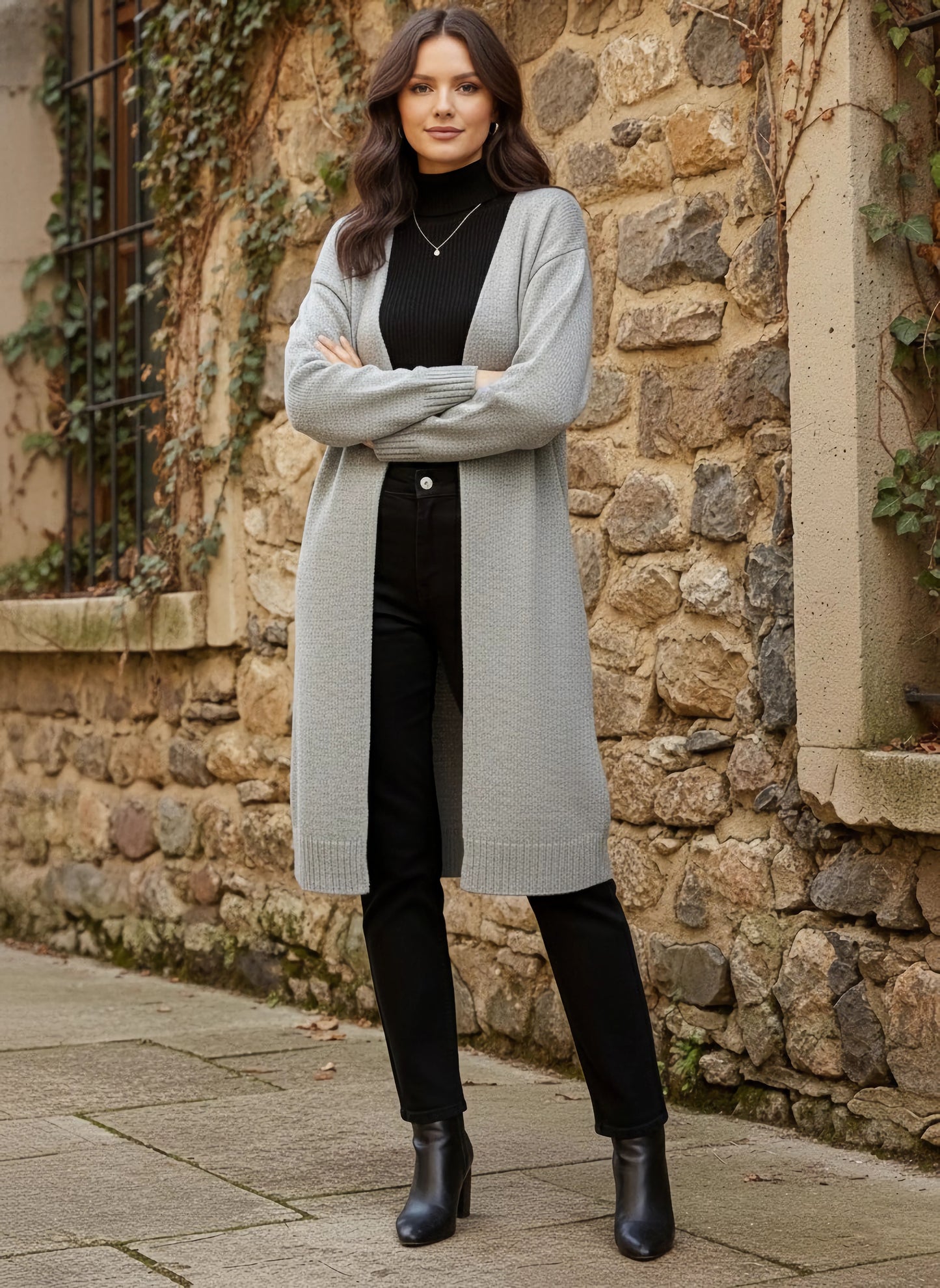 Berrylush Women Solid Grey V-Neck Drop-Shoulder Sleeves Open-Front Acrylic Straight Hem Knitted Longline Cardigan