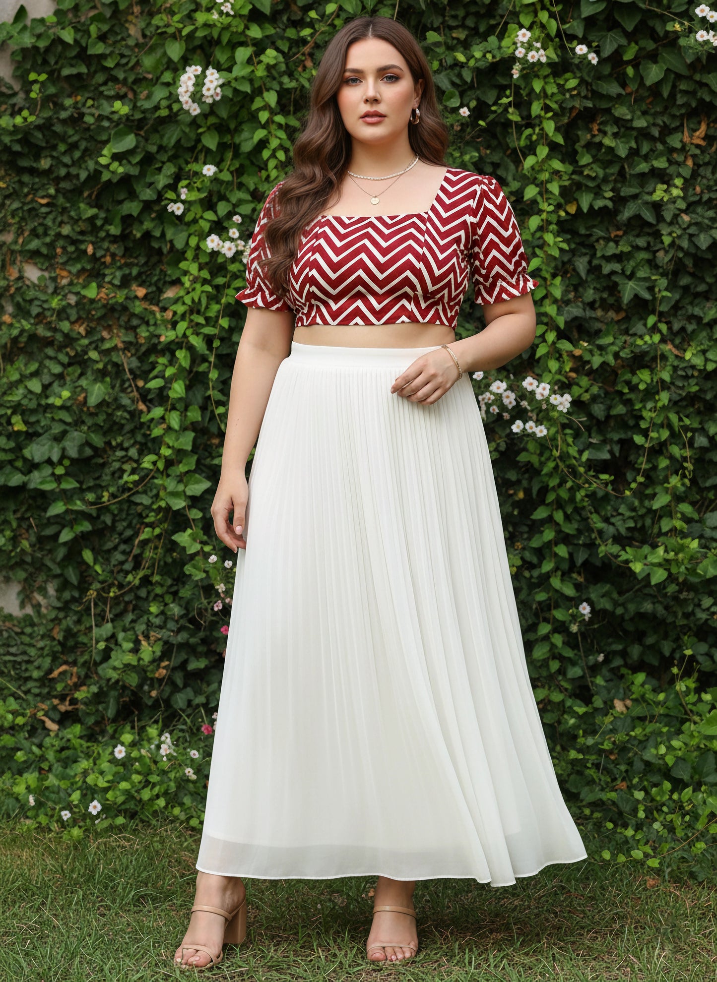 Berrylush Women Plus Size Maroon & White Chevron Pattern Square Neck Crepe Tie-Up Backless Blouson Cropped Top