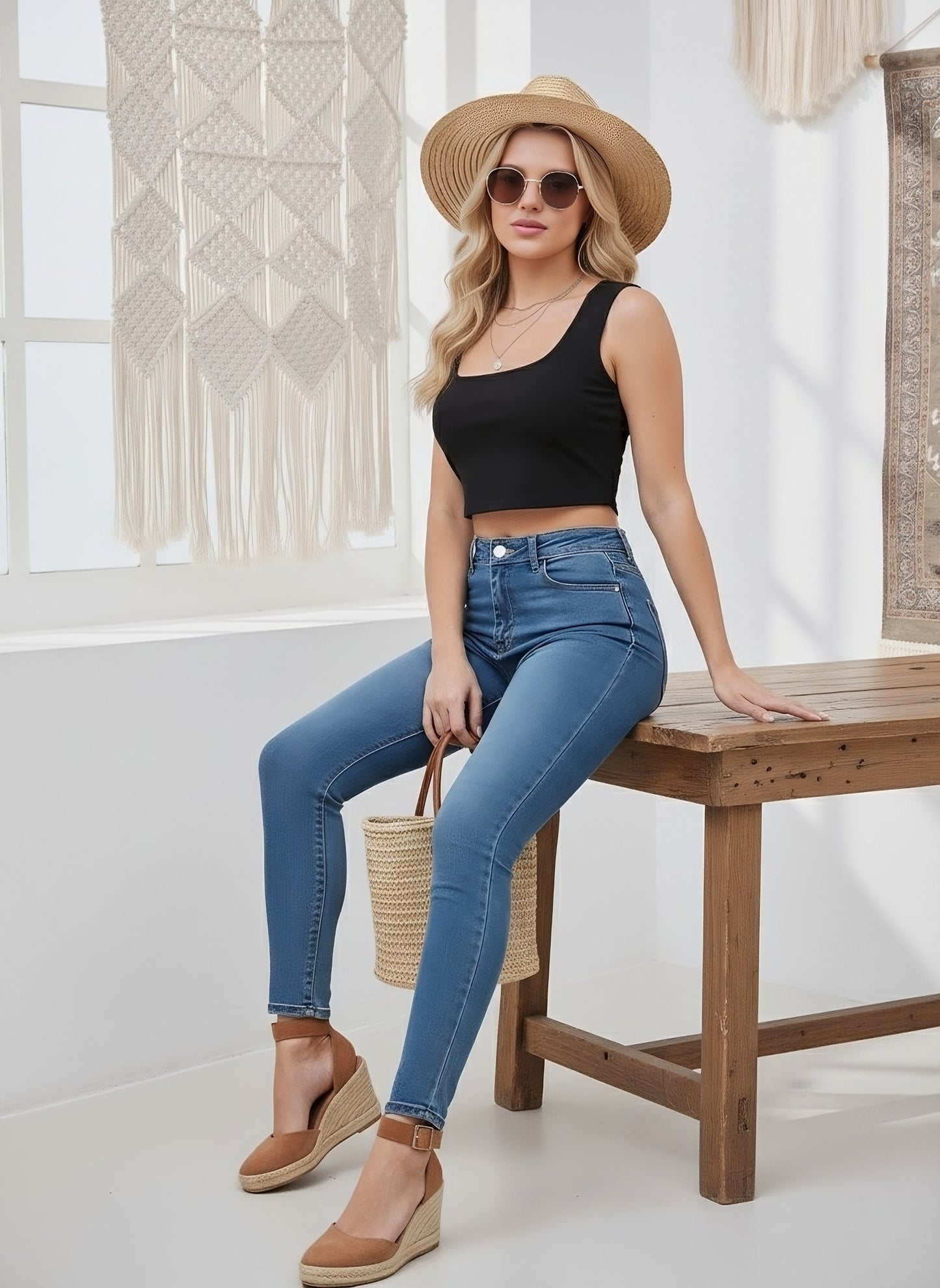 Berrylush Women Solid Black Square Neck Sleeveless Knitted Crop Tank Top