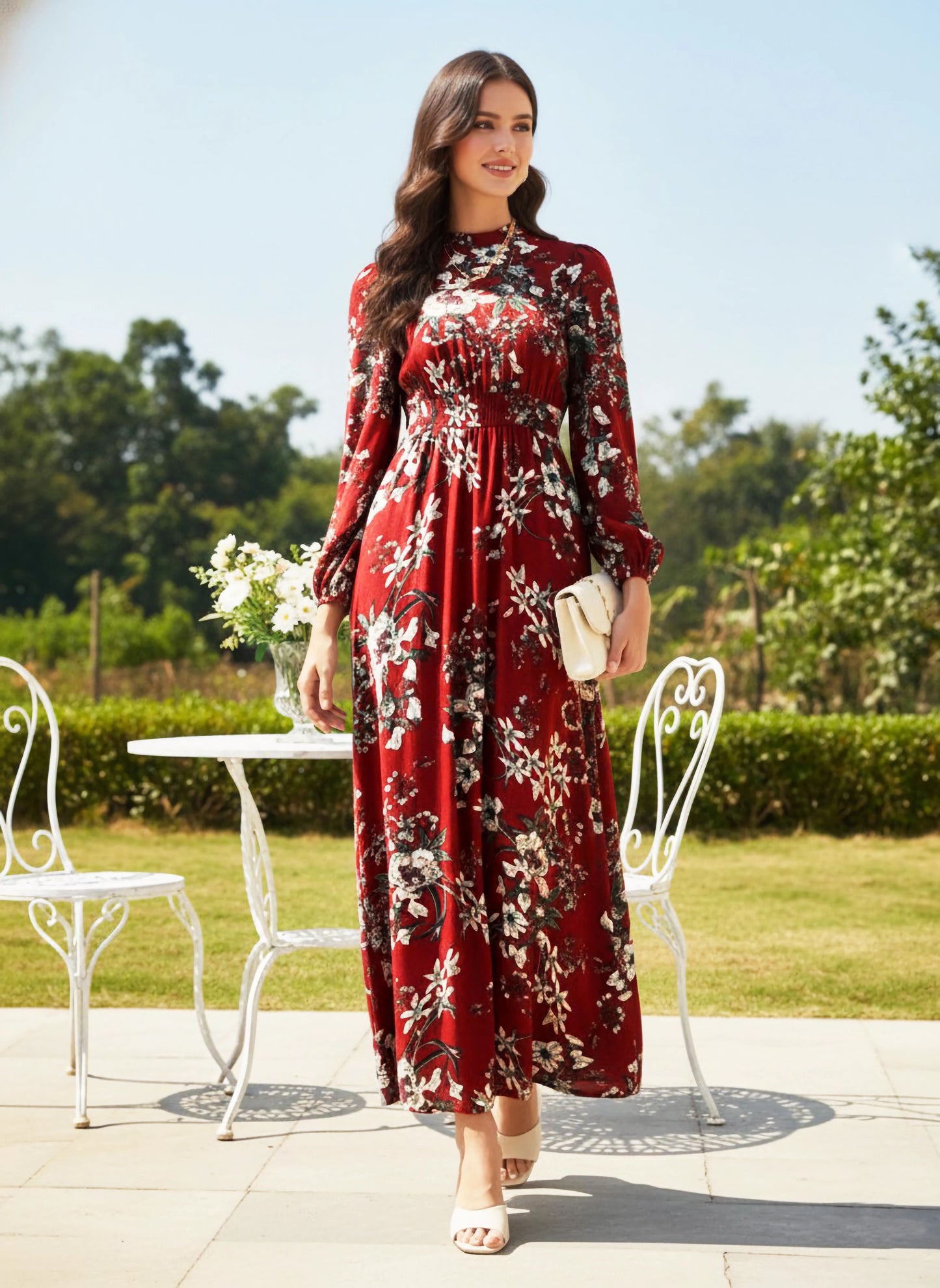 Berrylush Women Maroon Floral Printed Mock Neck A-Line Maxi Dress
