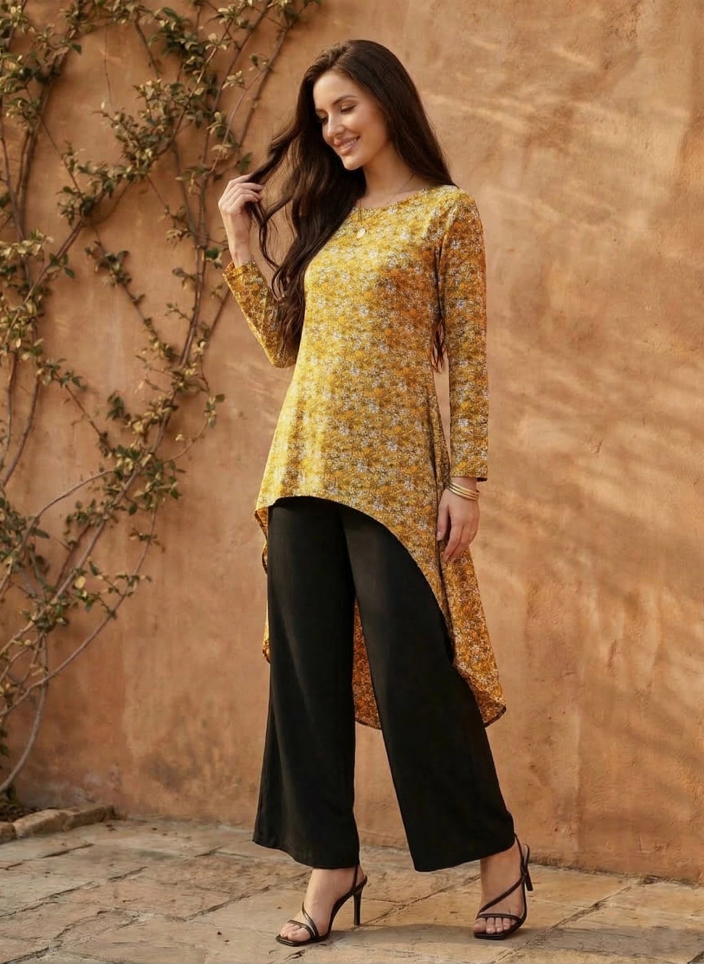 Berrylush Women Mustard Yellow Floral Printed High-Low Longline Top