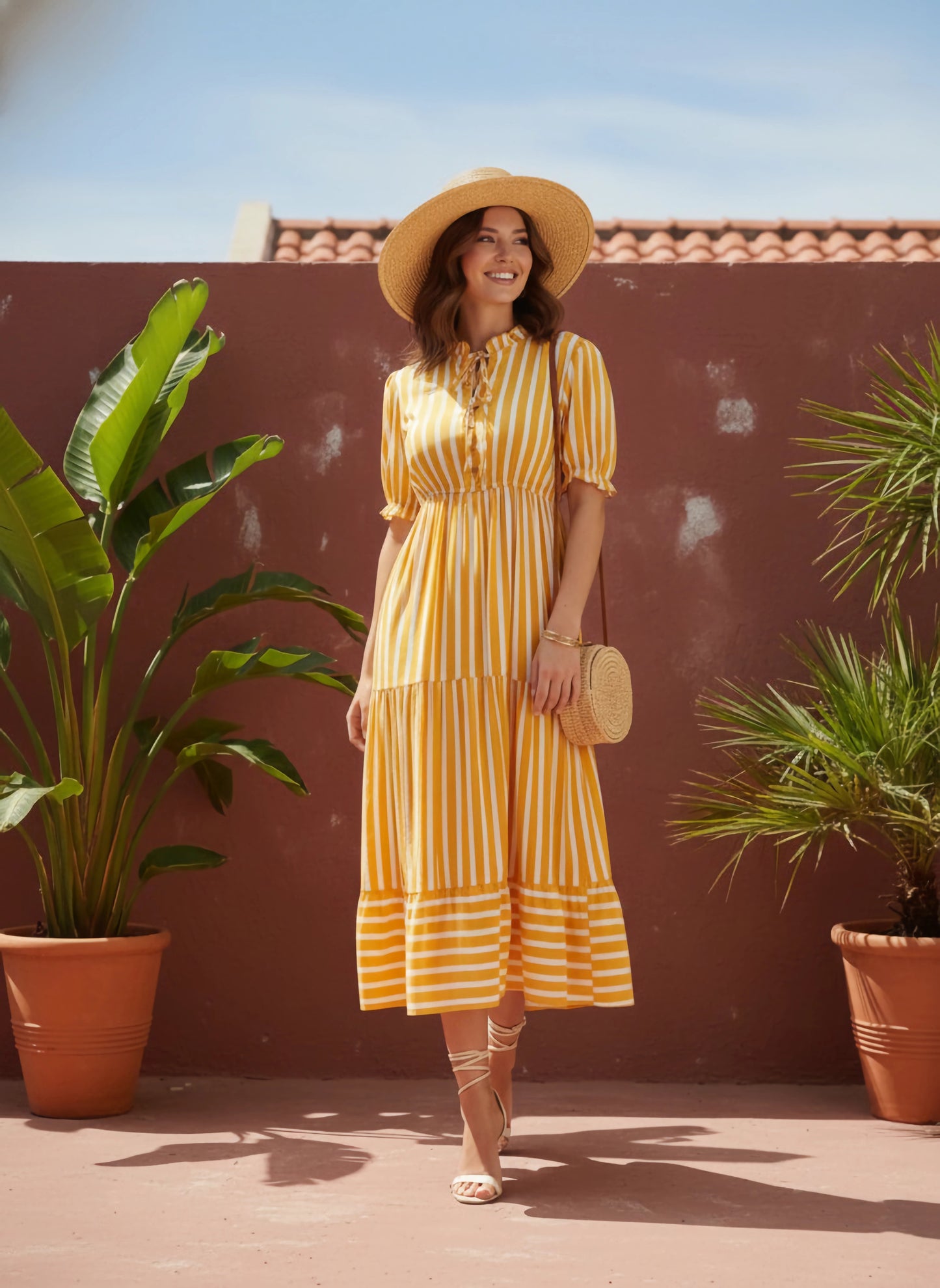 Berrylush Women Yellow & White Vertical Striped Print Tie-Up Neck Flutter Sleeve Viscose Rayon Layered Maxi Dress