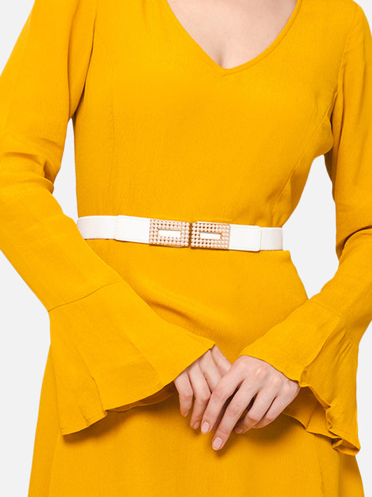 Berrylush Women Solid White Golden Embellished Pearl Studded PU Nylon Interlock Regular Slim Belt