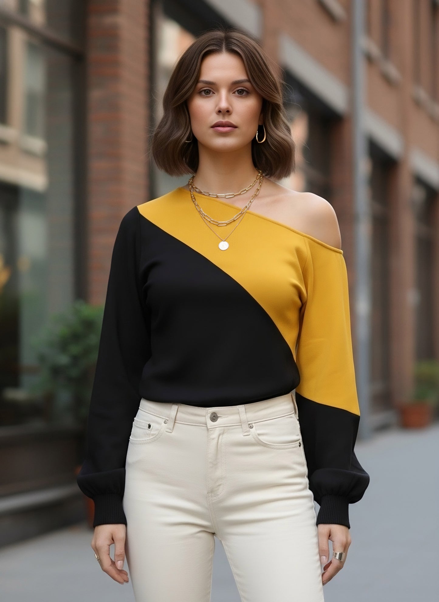 Berrylush Women Black & Mustard Yellow Colour-Blocked Pattern Round Neck Bishop Sleeves Regular Blouson Top