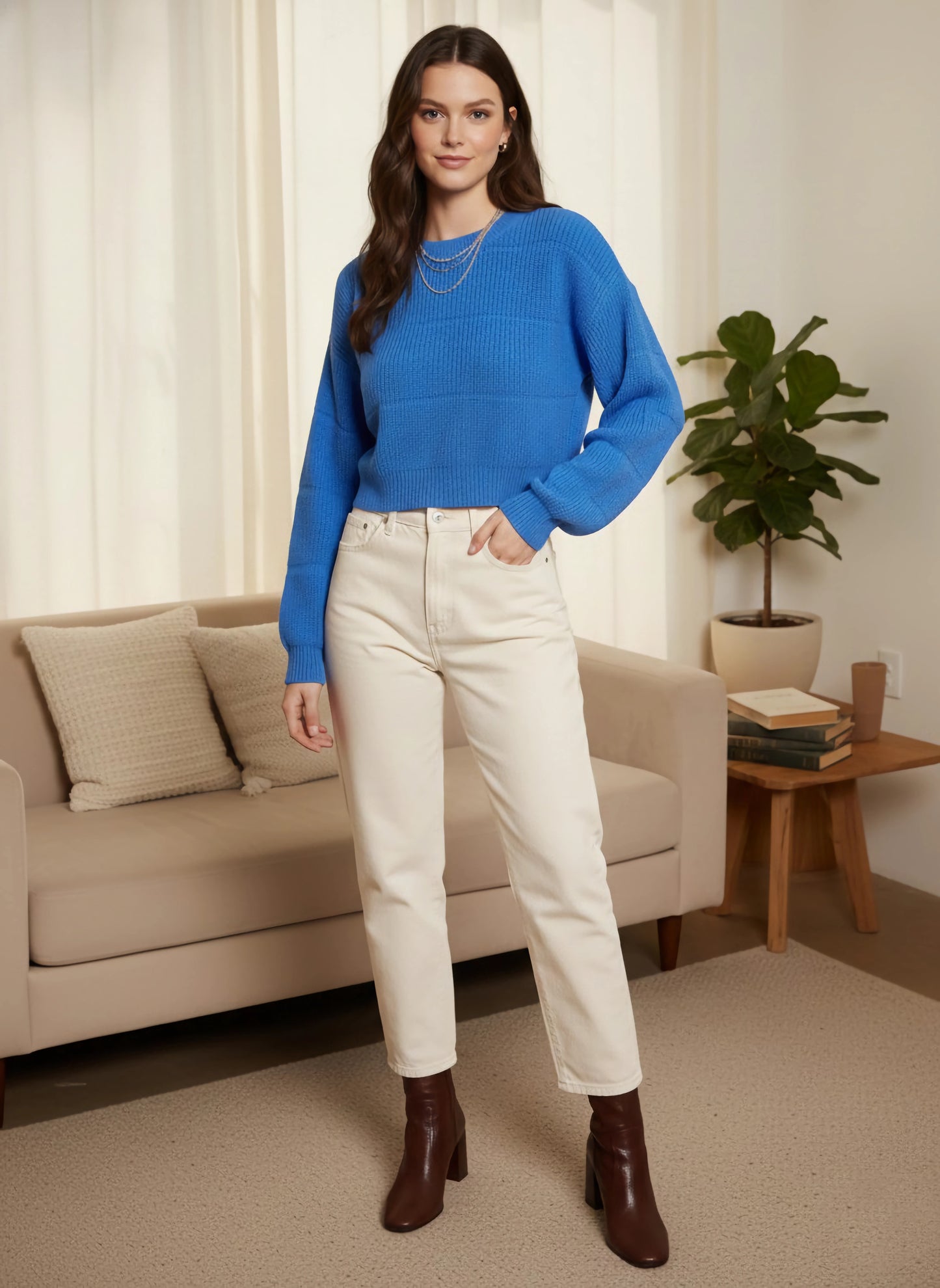 Berrylush Women Solid Blue Round Neck Drop-Shoulder Sleeves Ribbed Hem Cropped Sweater