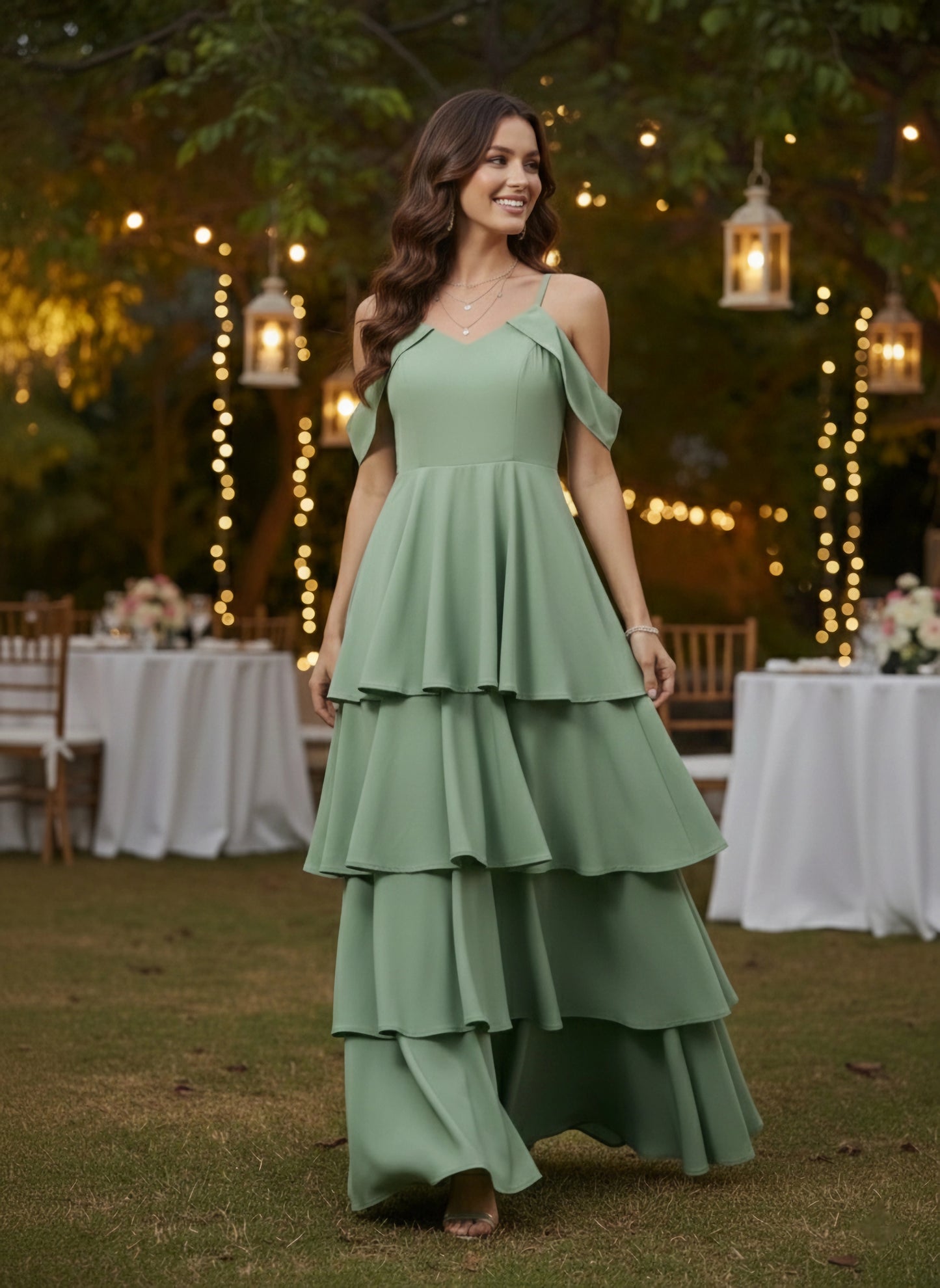 Berrylush Women Solid Green V-Neck Cold-Shoulder Flounce Hem Layered A