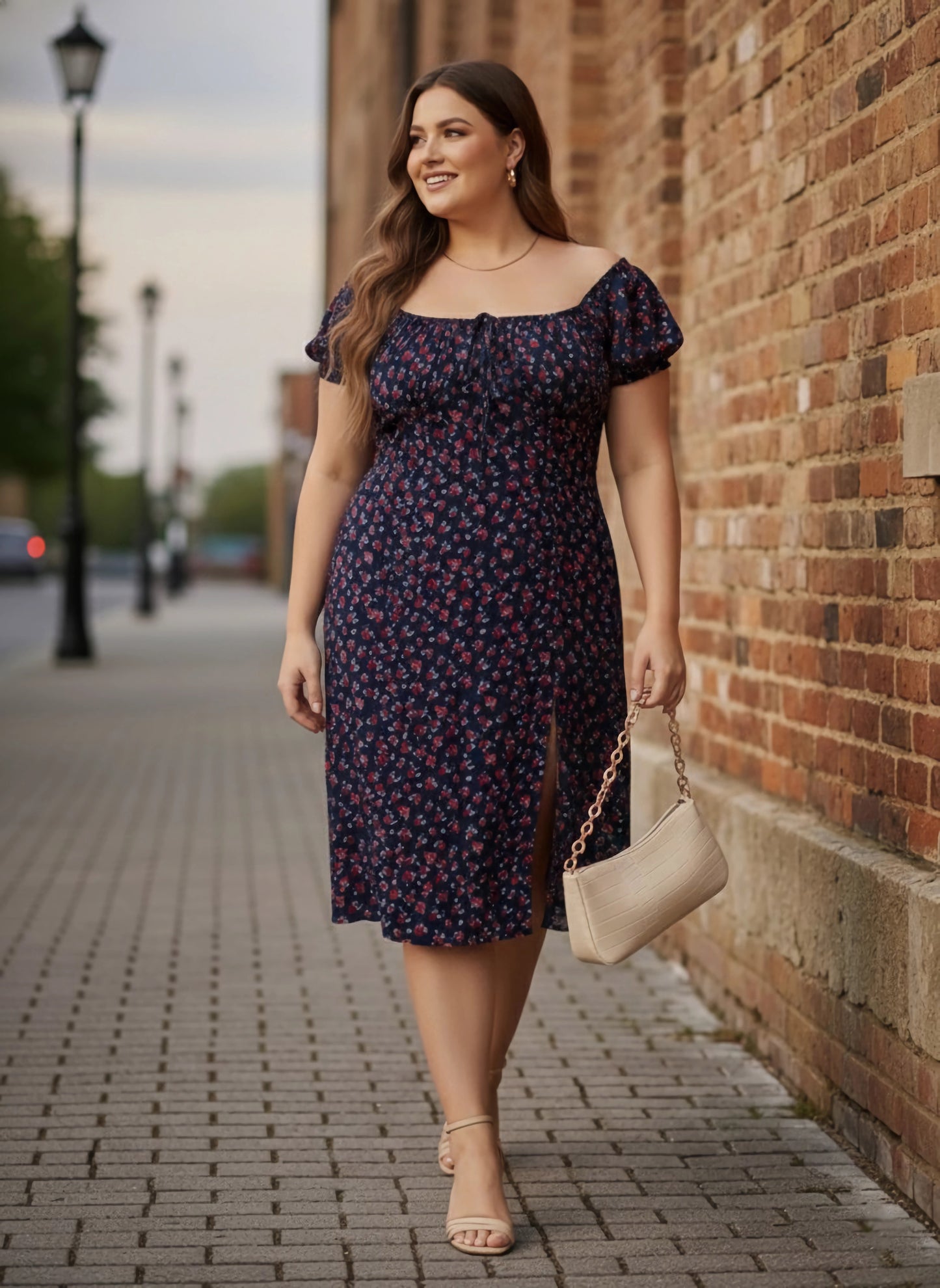 Plus Size Navy Blue & Red Floral Printed Square Neck Front Tie-Up Thigh-High Slit Flared A-Line Midi Dress