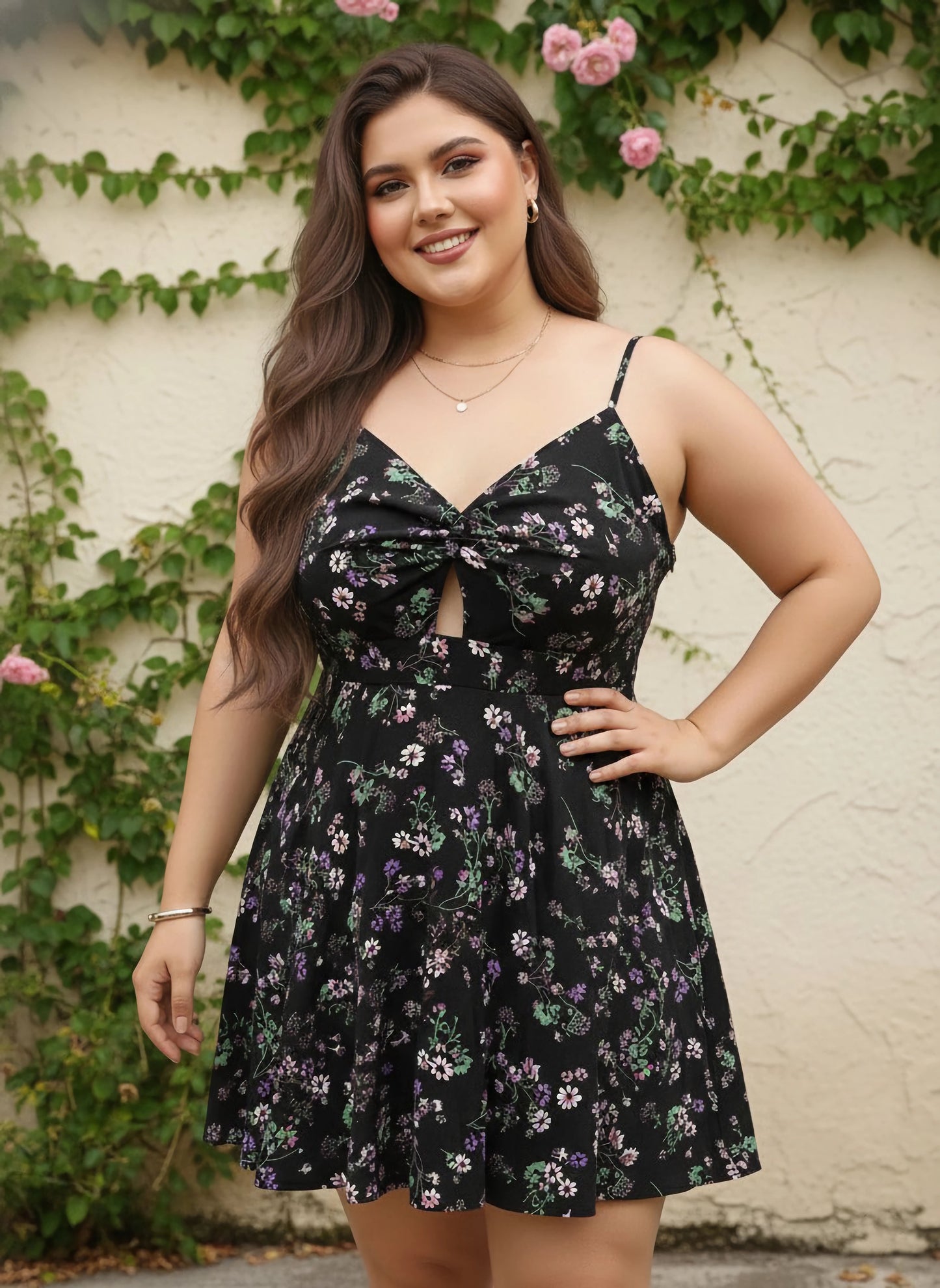 Berrylush Women Plus Size Black & Purple Floral Printed Crepe Front Twist Detail Crepe Mini Dress