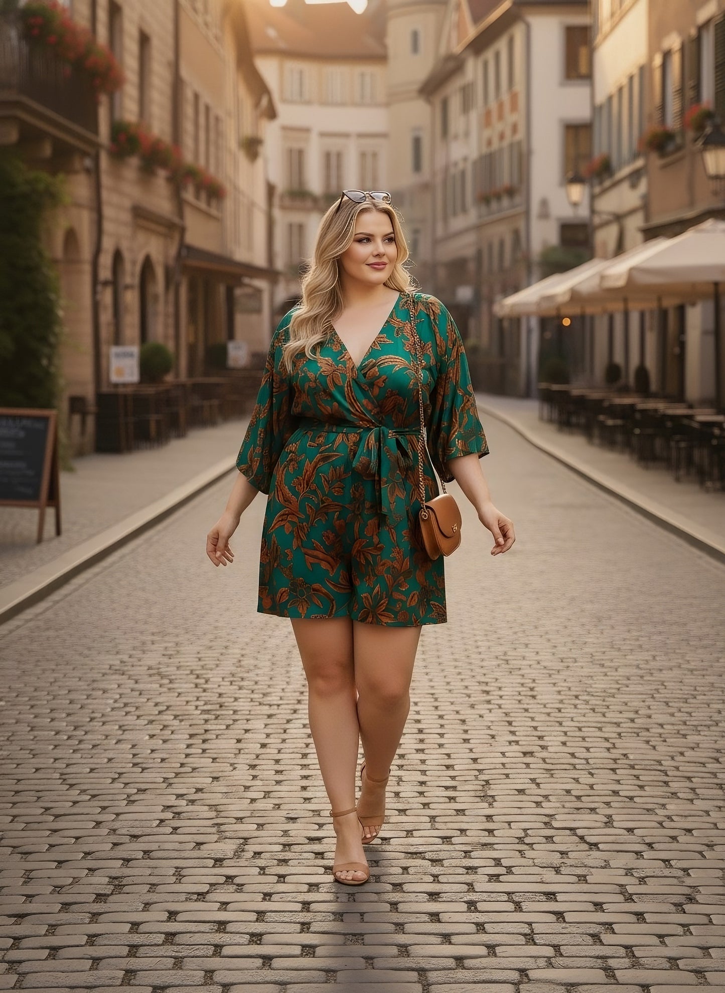 Berrylush Curve Women Green & Orange Floral Printed V-Neck Batwing Sleeve Tie-Up Waist Pleated Mini Jumpsuit