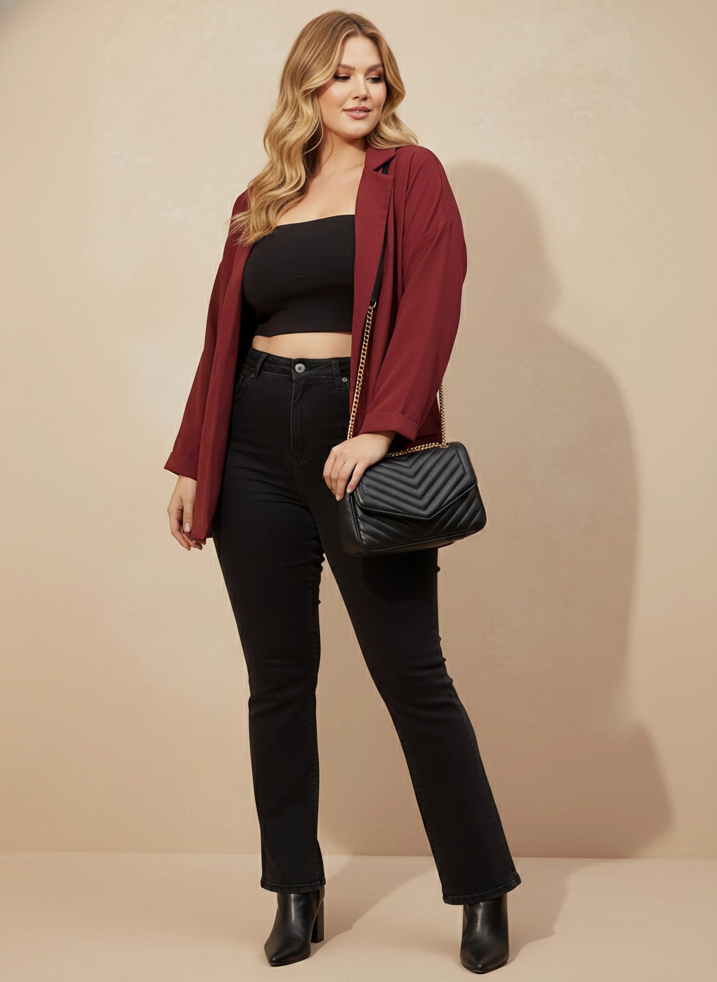 Berrylush Women Plus Size Solid Maroon Notched Lapel Neck Long Sleeve Open Front Longline Blazer