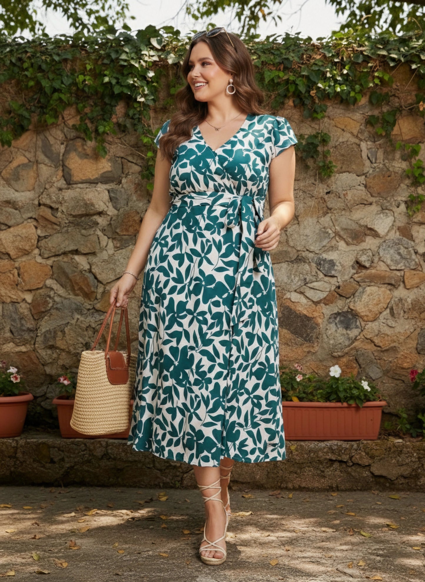 Plus Size White & Teal Floral Printed V-Neck Tie-Up Waist Thigh-High Slit Flared Wrap Midi Dress
