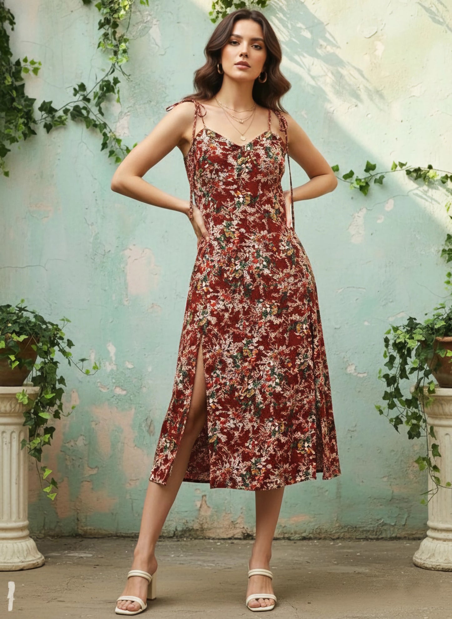 Berrylush Women Maroon Floral Printed Sweetheart Neck Tie-Up Strap Fit & Flare Midi Dress