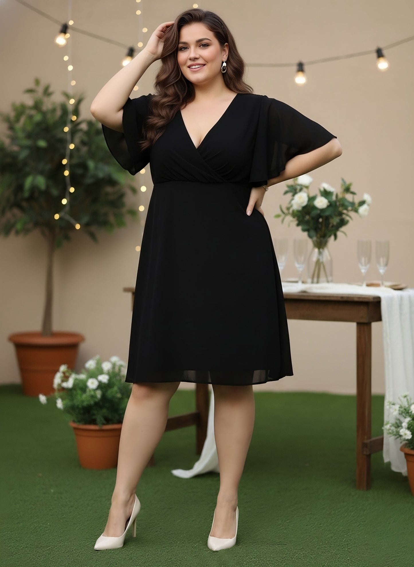 Berrylush Women Plus Size Solid Black V-Neck Flutter Sleeves Georgette Zipper-Up Flared Wrap Mini Dress