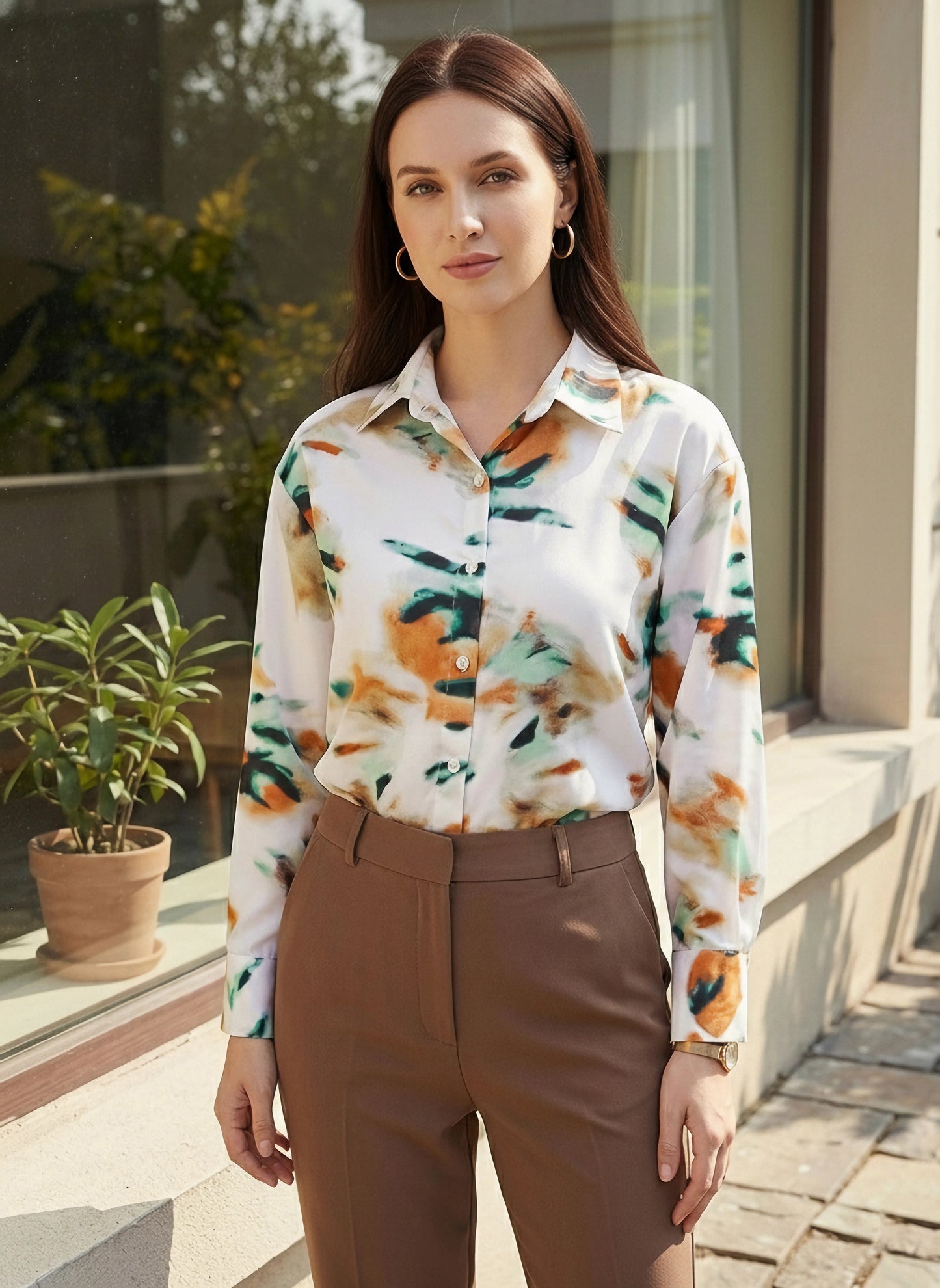 BIZwear White & Multicolour Abstract Printed Spread Collar Neck Cuff Sleeves Button-Up Curved Hem Regular Shirt