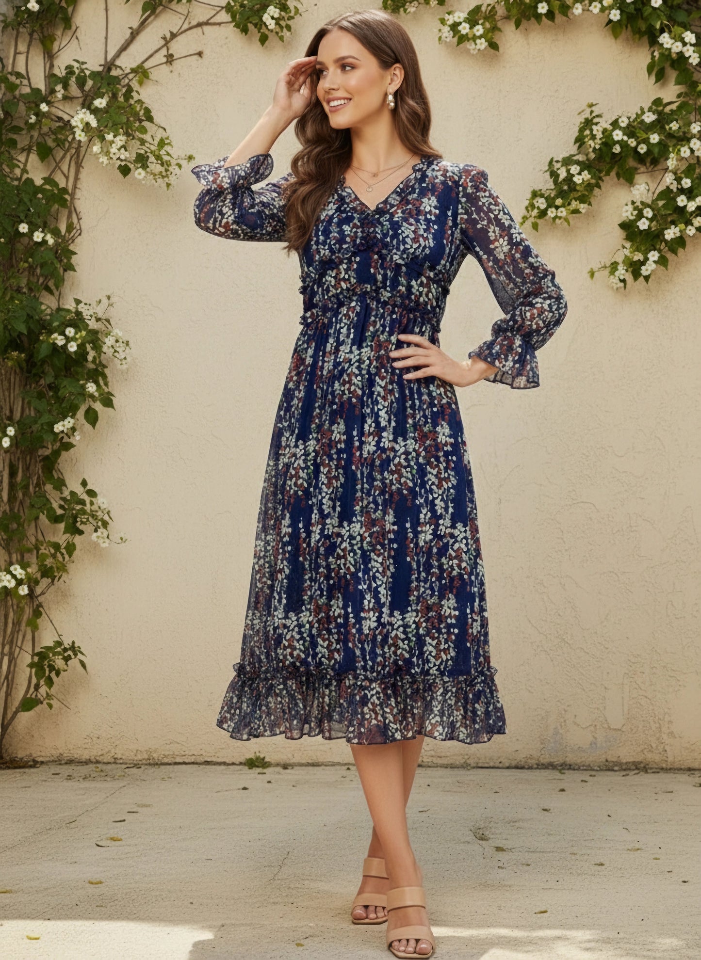 Navy Blue, White, & Red Floral Printed V-Neck Bishop Sleeves Chiffon Flounce Hem Ruffled A-Line Midi Dress