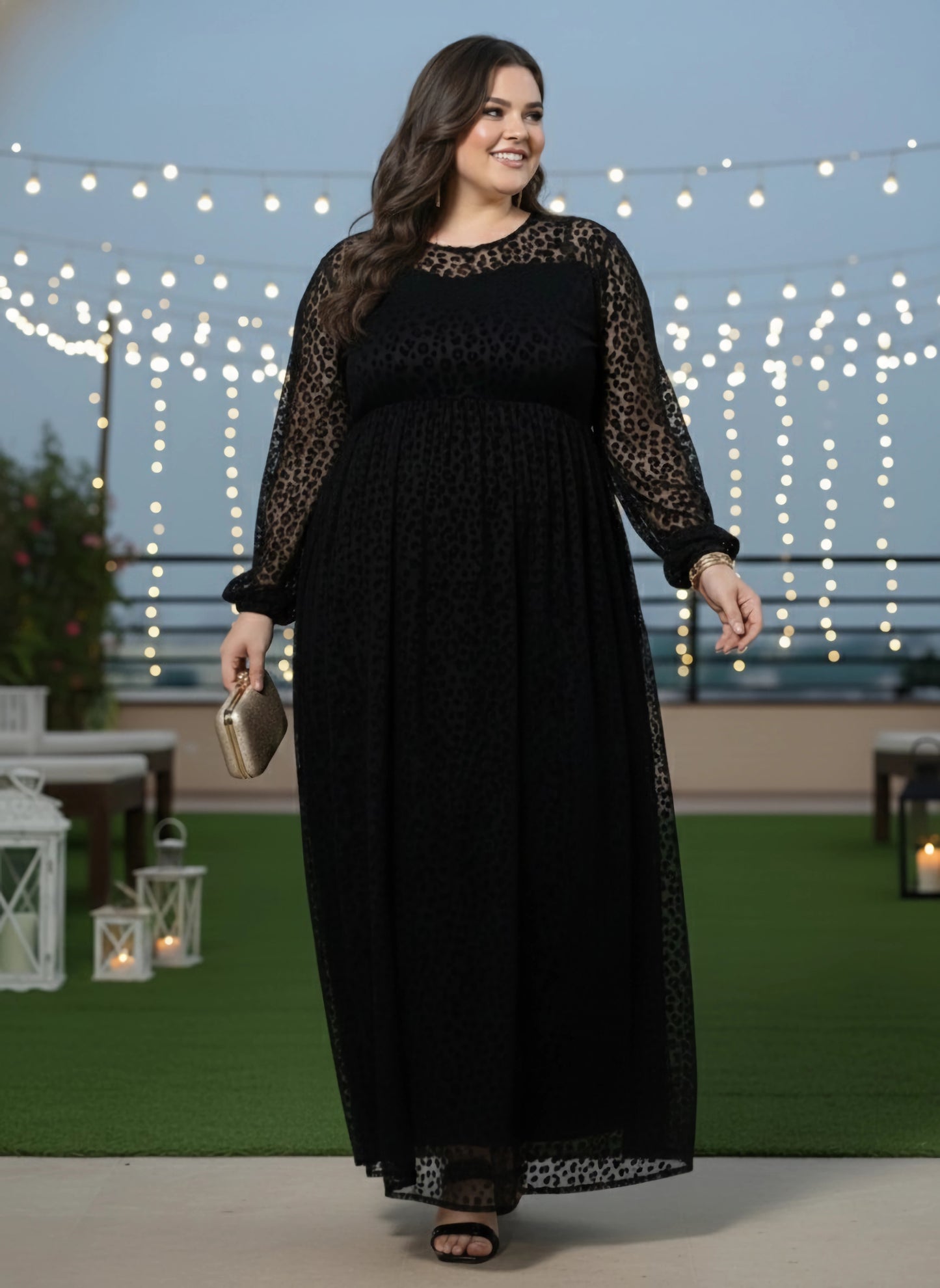 Plus Size Black Animal Printed Round Neck Semi-Sheer Velvet Flared A-Line Maxi Dress