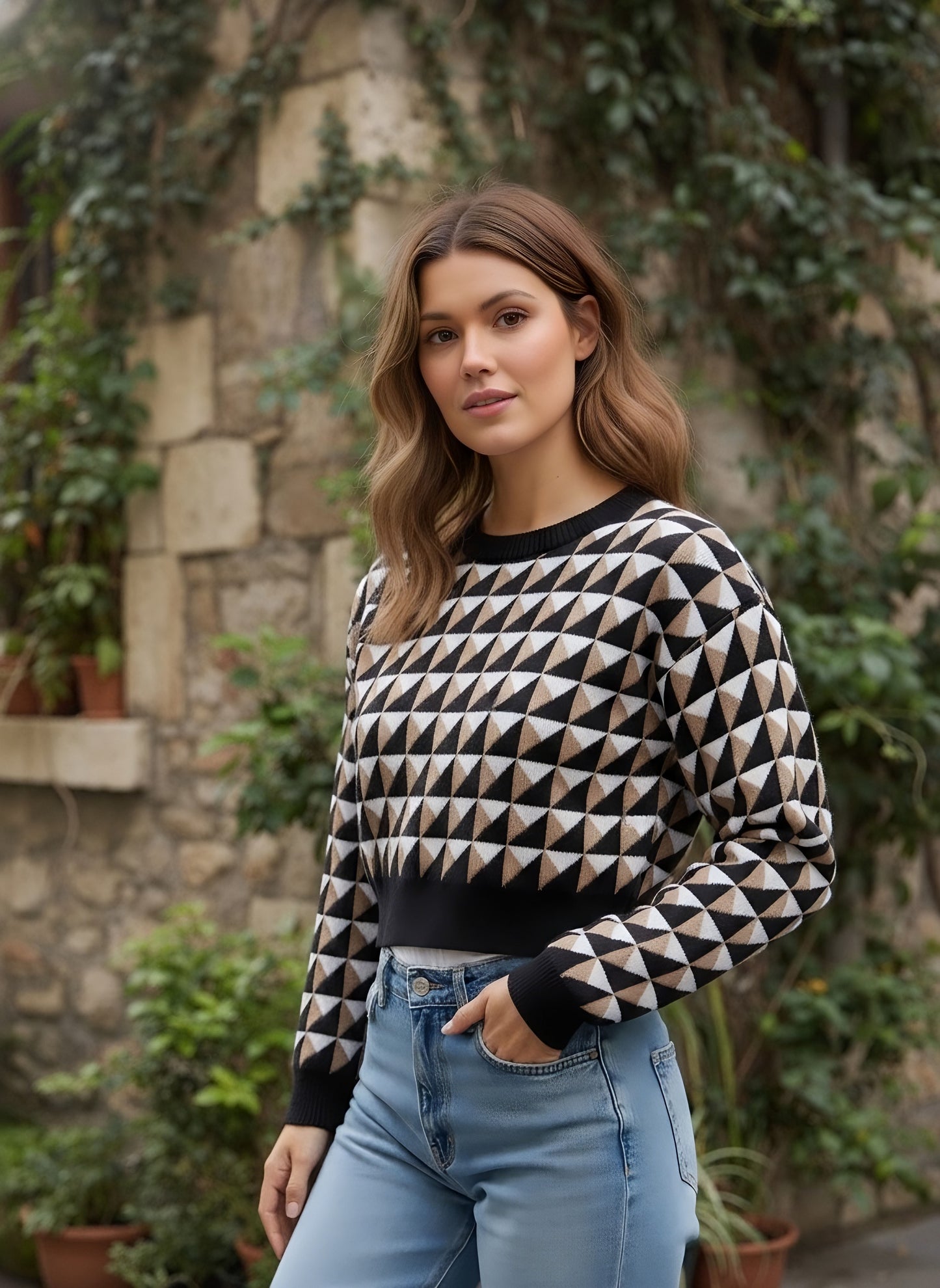 Berrylush Women Black Geometrical Printed Round Neck Drop-Shoulder Sleeves Acrylic Straight Hem Knitted Crop Sweater