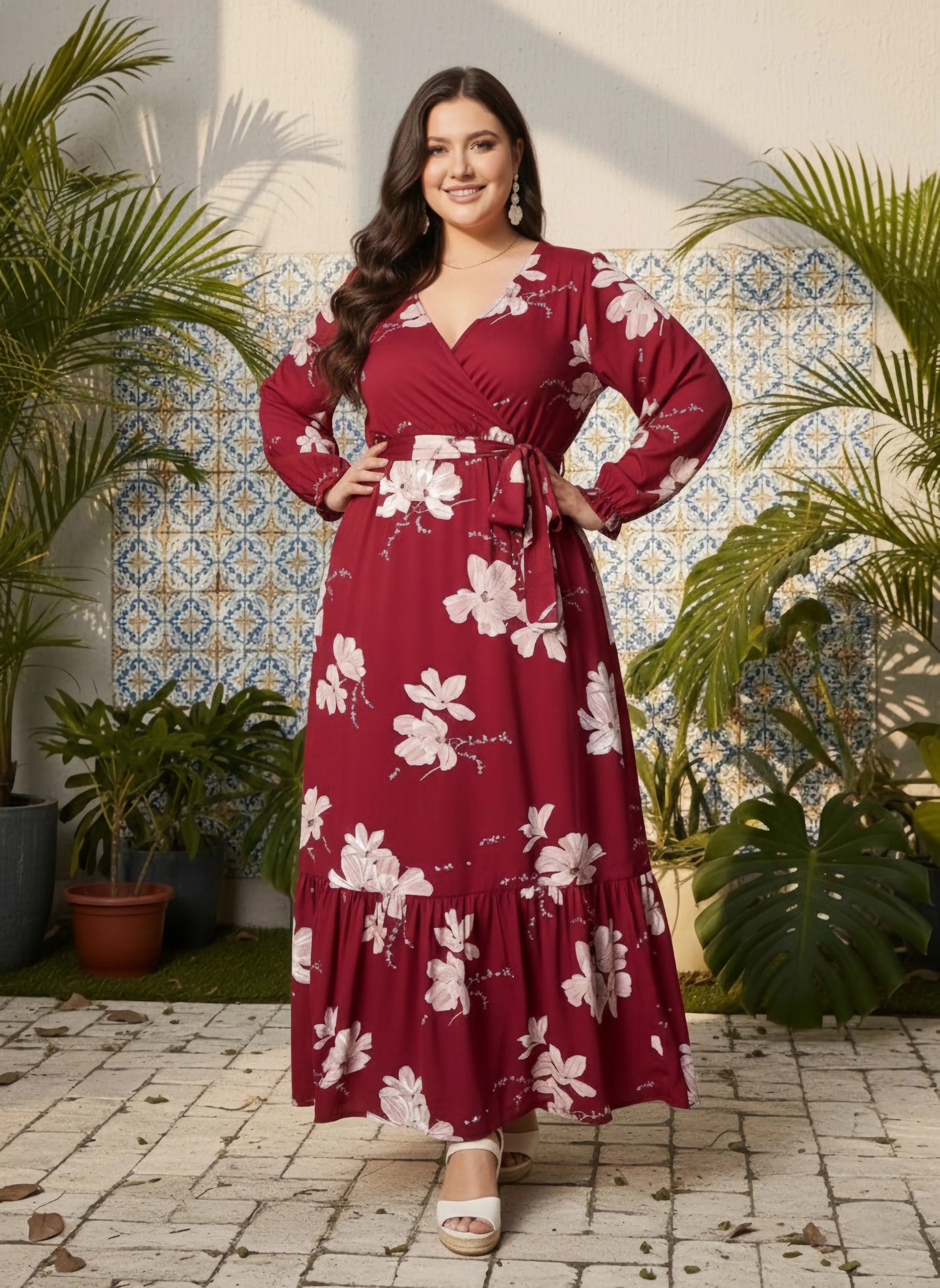 Berrylush Curve Women Maroon & Pink Floral Printed V-Neck Bishop Sleeves Waist Tie-Up Wrap Pleated Maxi Dress