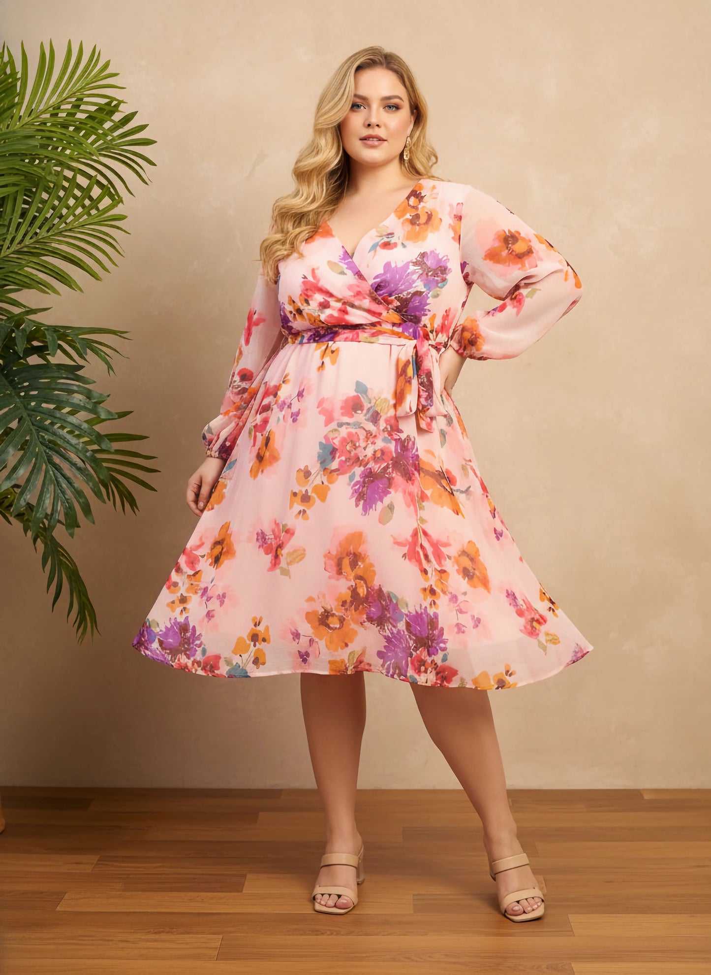 Berrylush Curve Women Pink & Purple Floral Printed V-Neck Bishop Sleeves Tie-Up Waist Pleated Fit & Flare Mini Dress