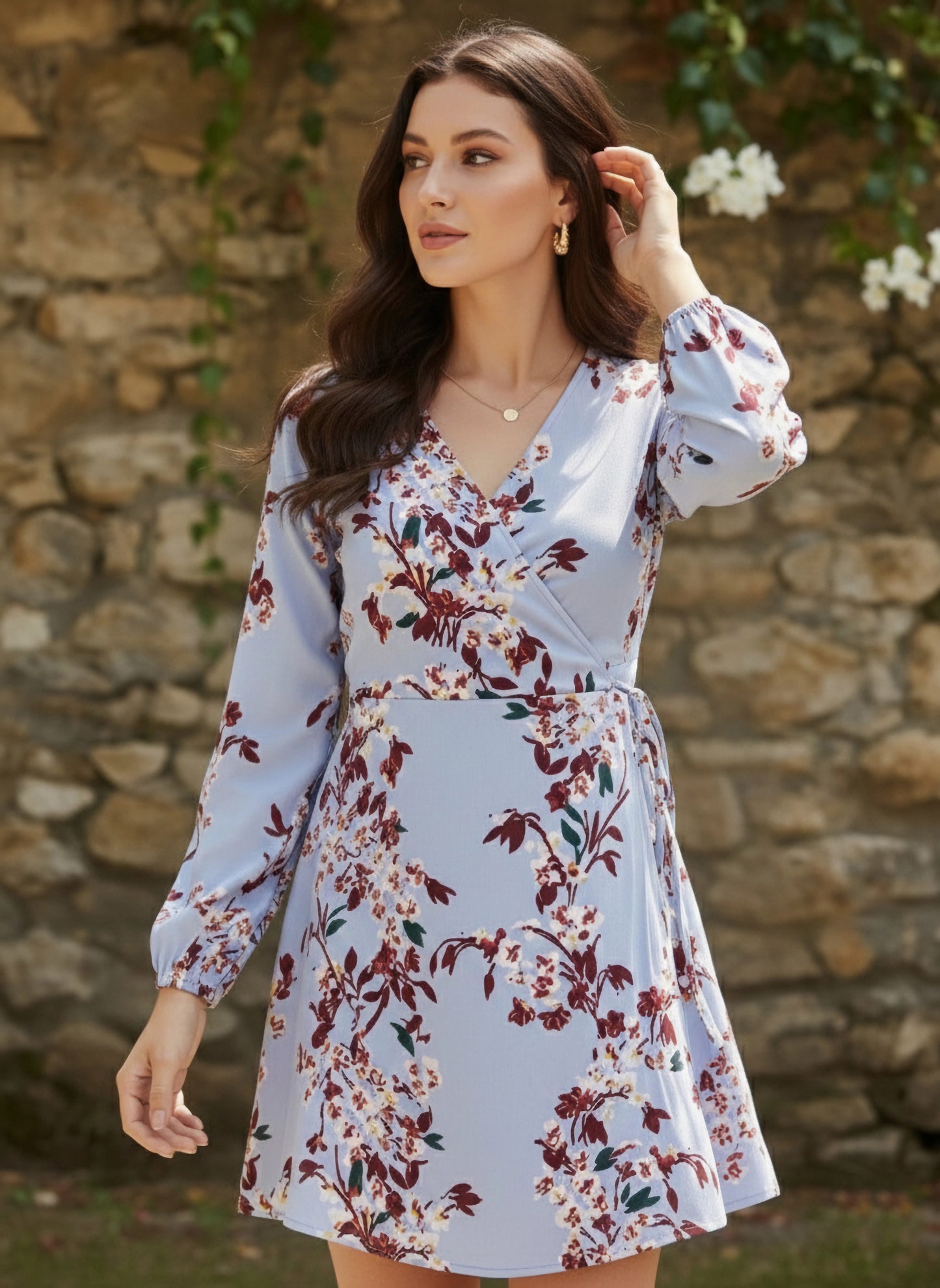 Berrylush Women Blue Floral Printed A-Line Wrap Mini Dress