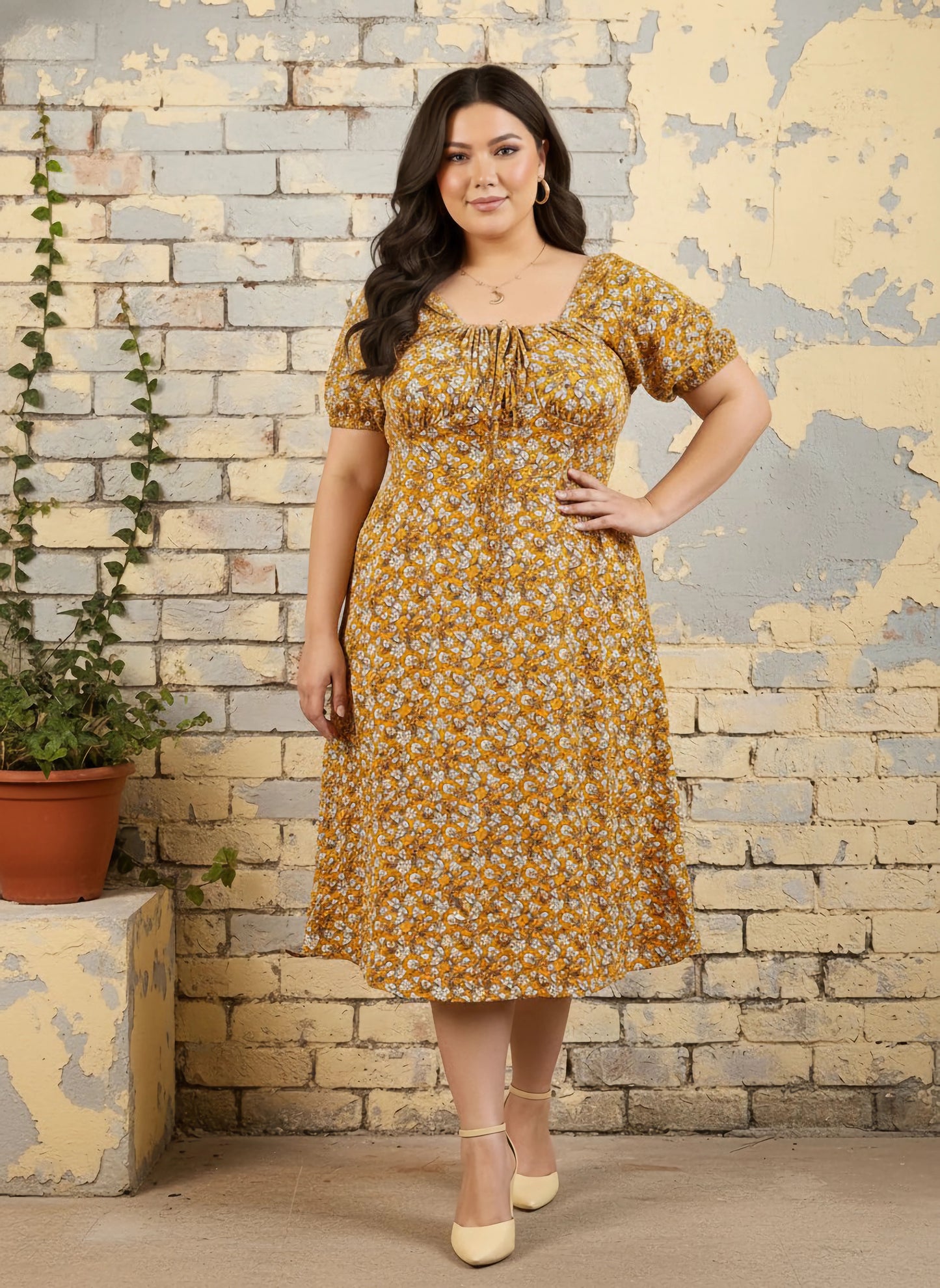 Curve Mustard Yellow & White Floral Printed Square Neck Tie-Up Front Straight Hem Smocked Fit & Flare Midi Dress