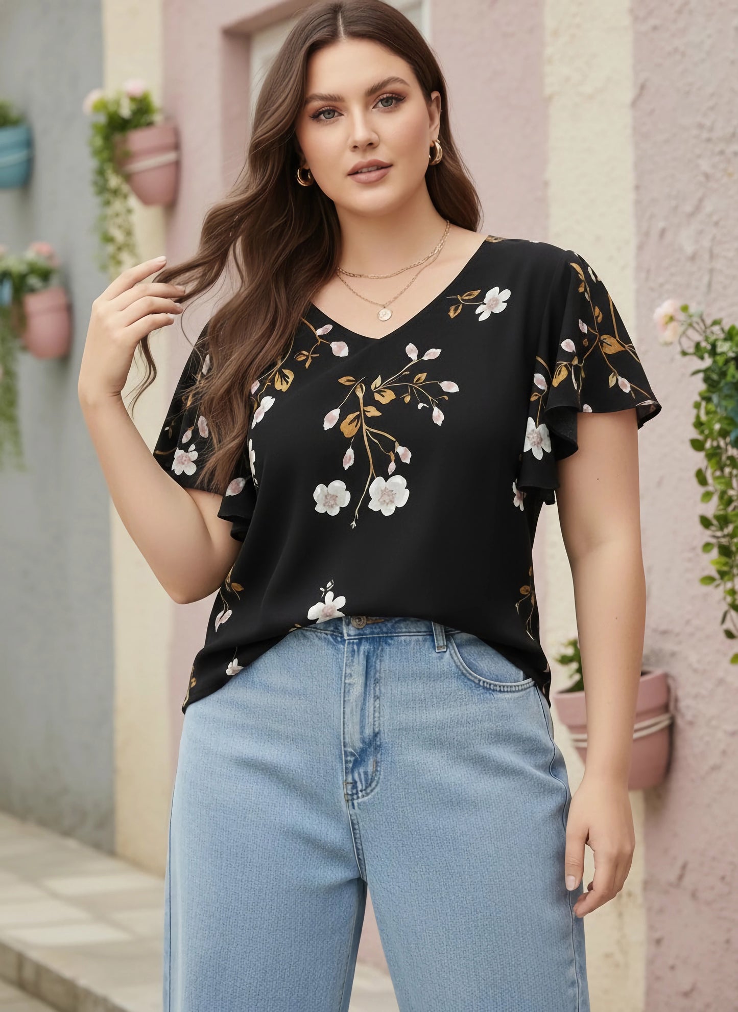 Berrylush Women Plus Size Black & White Floral Printed V-Neck Flutter Sleeve Crepe Ruffled Regular Top