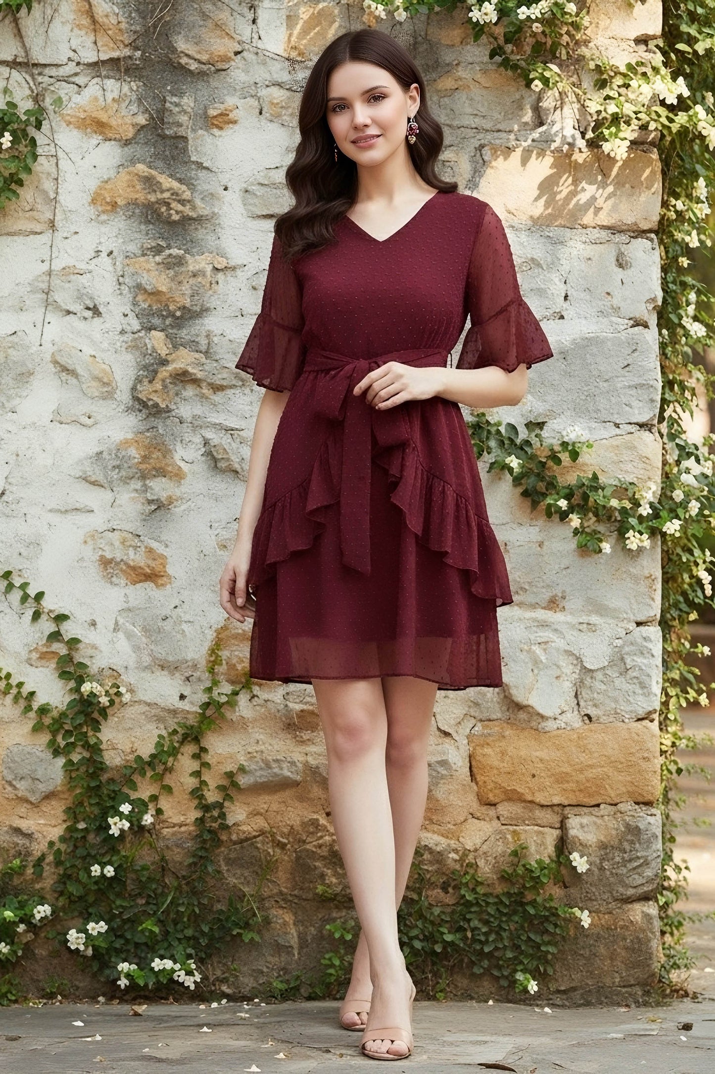 Berrylush Women Solid Maroon Self-Design Patterned V-Neck Layered Fit & Flare Mini Dress