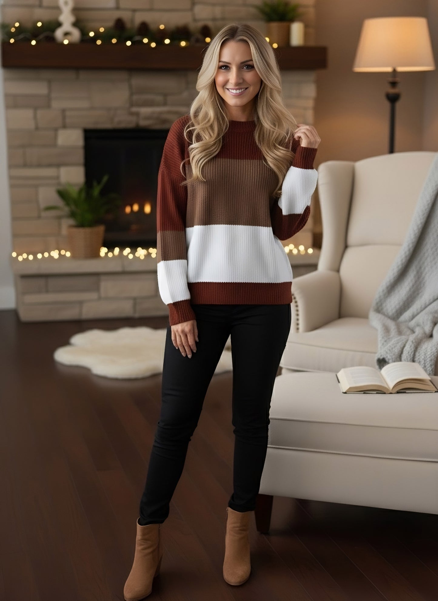 Berrylush Women Brown & White Striped Pattern Round Neck Acrylic Straight Hem Regular Pullover