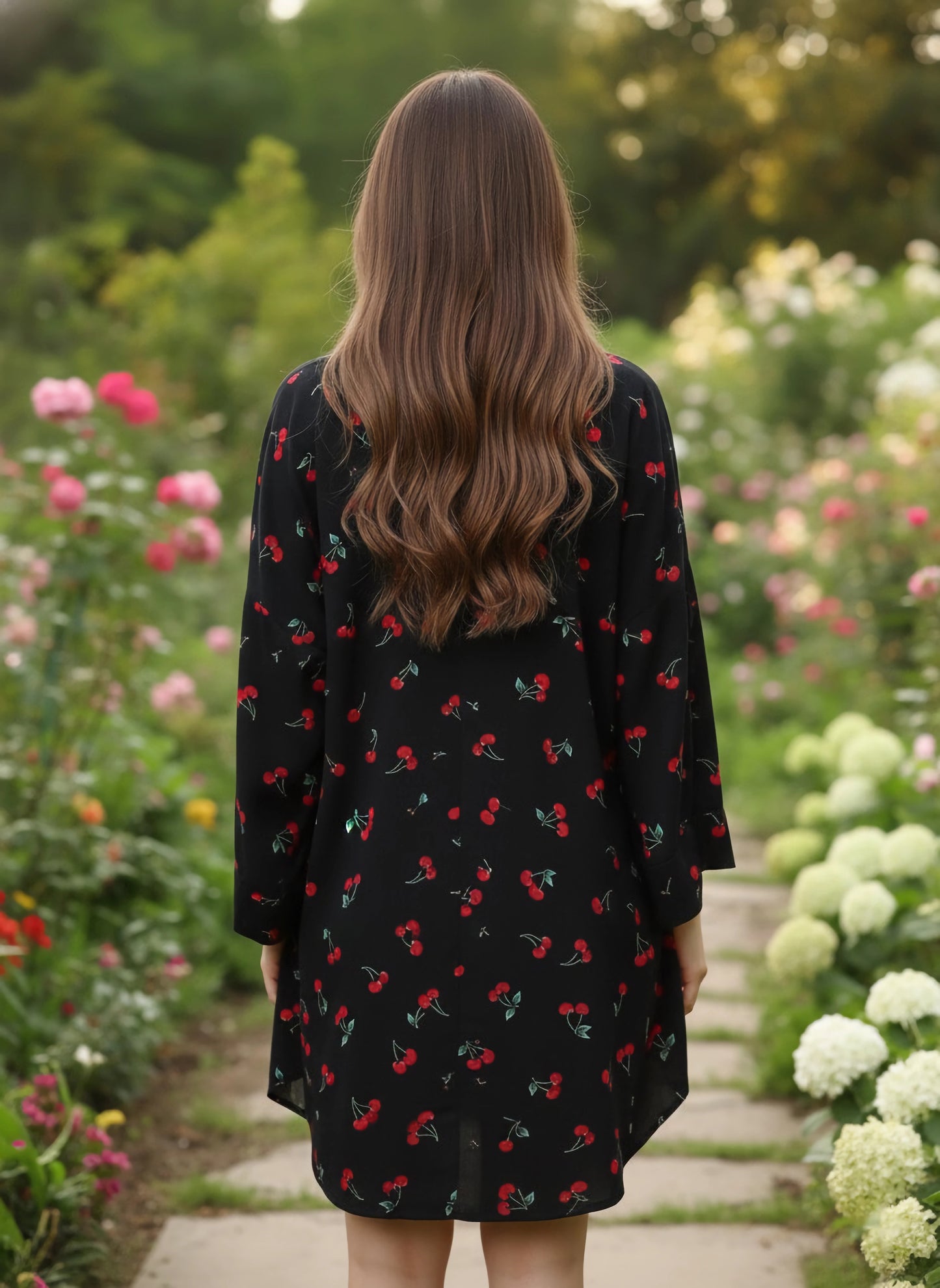 Berrylush Women Black & Red Cherry Printed Square Neck Crop Top & Tie-Up Front Shorts With Shrug