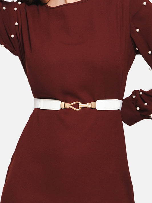 Berrylush Women Solid White Golden Embellished PU Nylon Interlock Regular Slim Belt