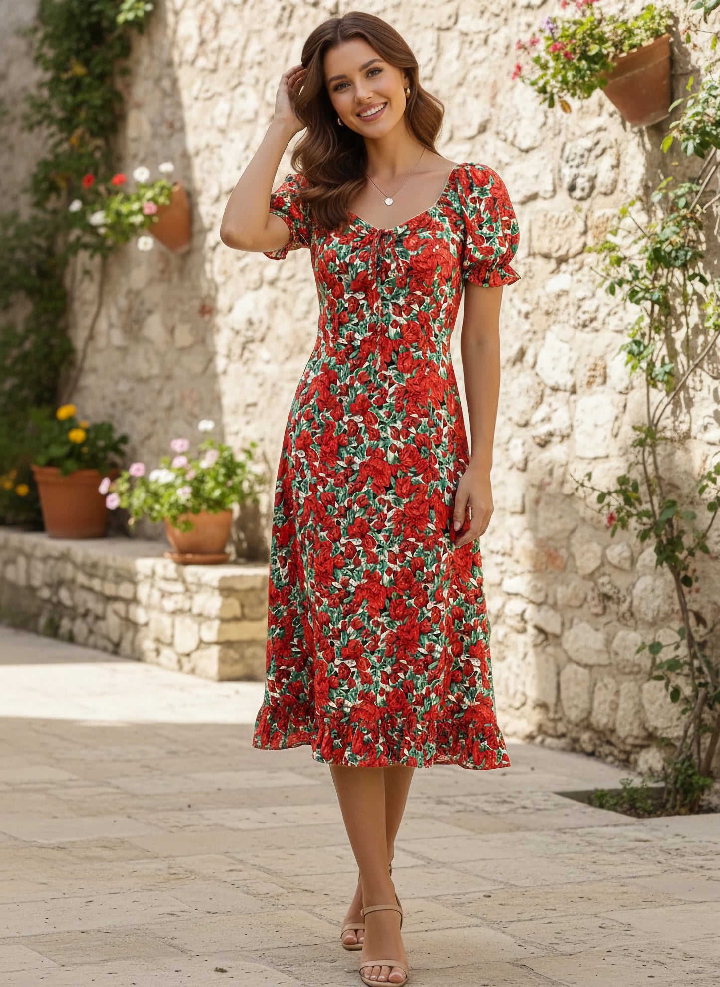 Women Red & Green Floral Printed Crepe A-Line Midi Dress - Berrylush Women Red & Green Floral Printed Crepe A-Line Midi Dress - Berrylush