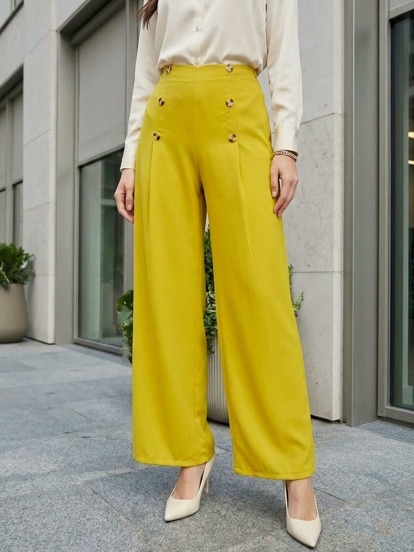 BIZwear Solid Yellow High-Rise Waist Button Detail Wide Leg Pleated Regular Pants
