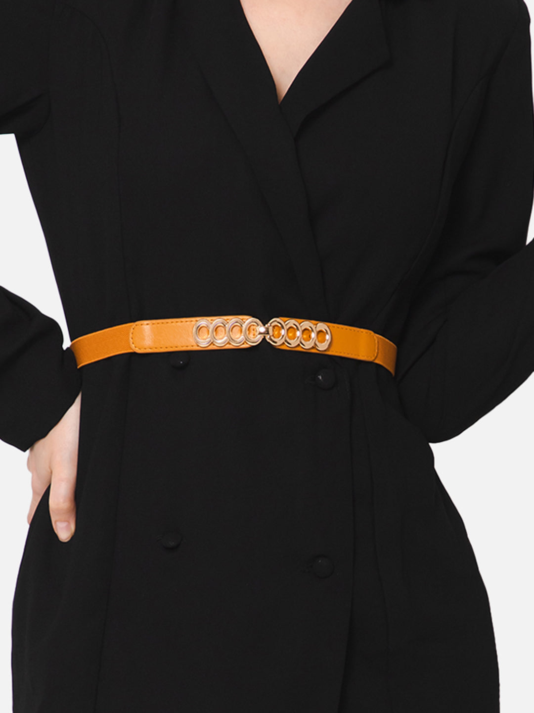 Berrylush Women Solid Brown Golden Embellished PU Nylon Interlock Regular Slim Belt