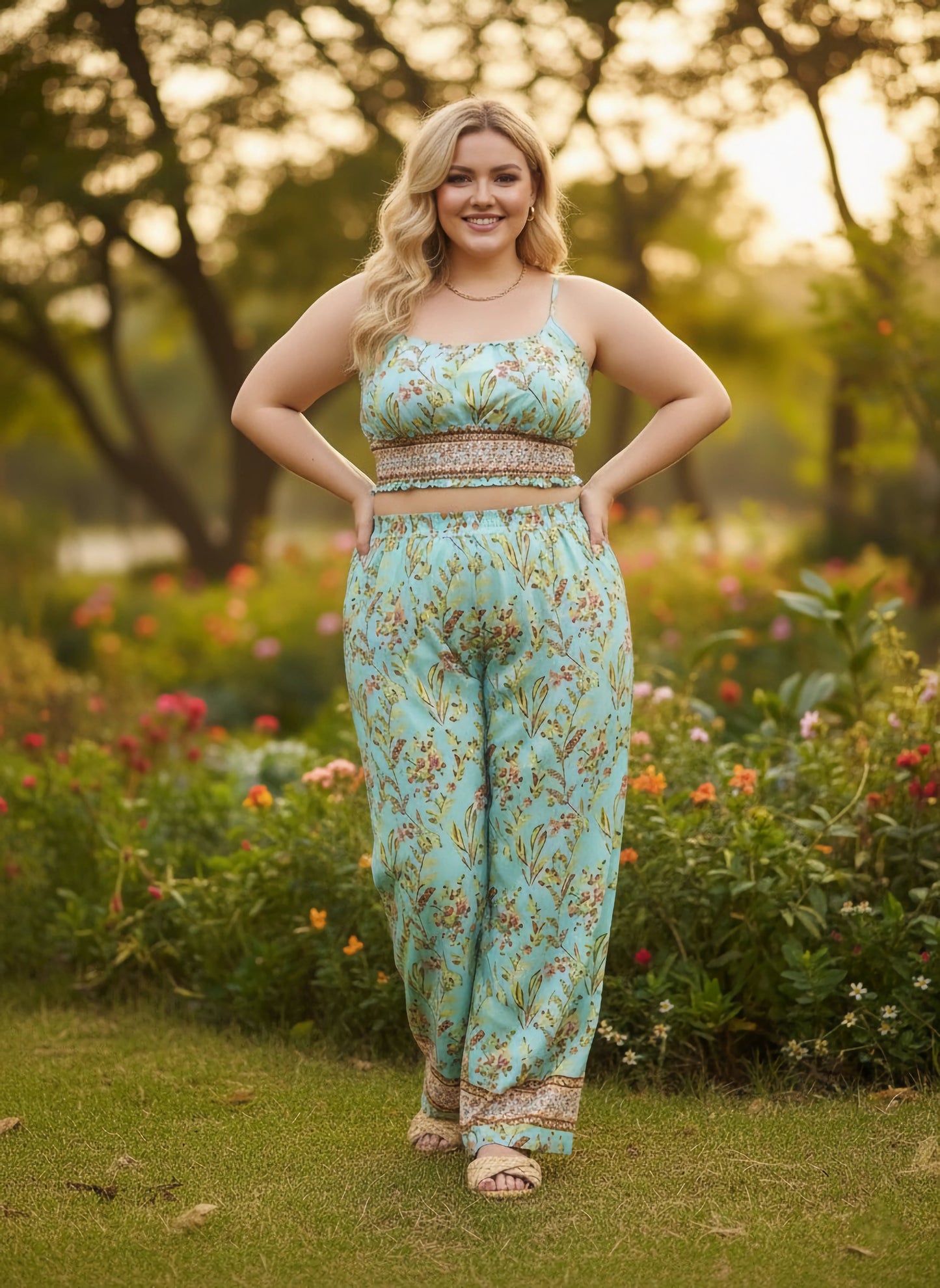 Berrylush Curve Women Green Floral Printed Square Neck Sleeveless Smocked Crop Top & Elastic Waist Two-Pockets Slip-On Maxi Trousers Co-Ord Set