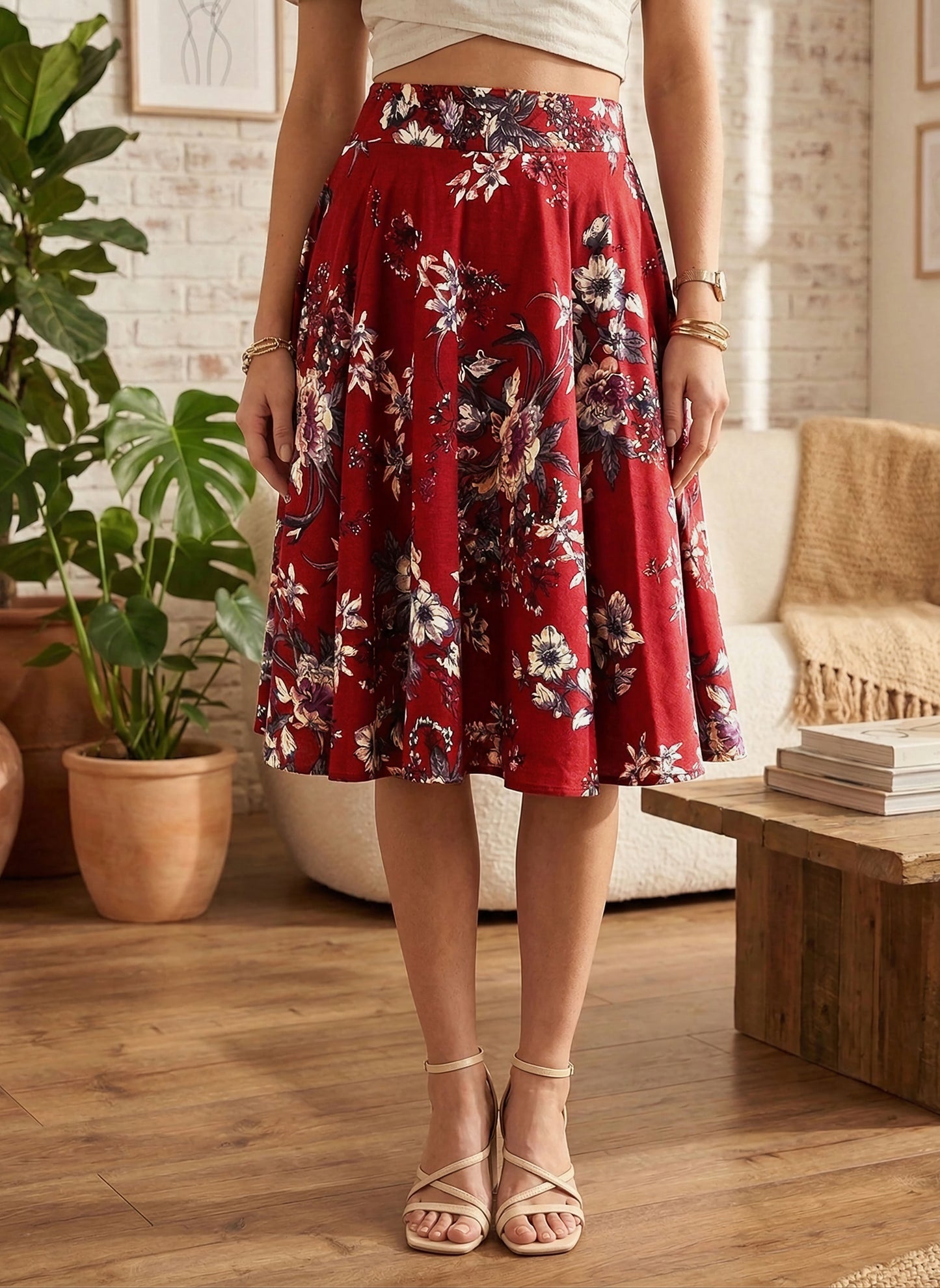 Berrylush Women Maroon & White Floral Printed Crepe High-Rise Waist Flared A-Line Midi Skirt