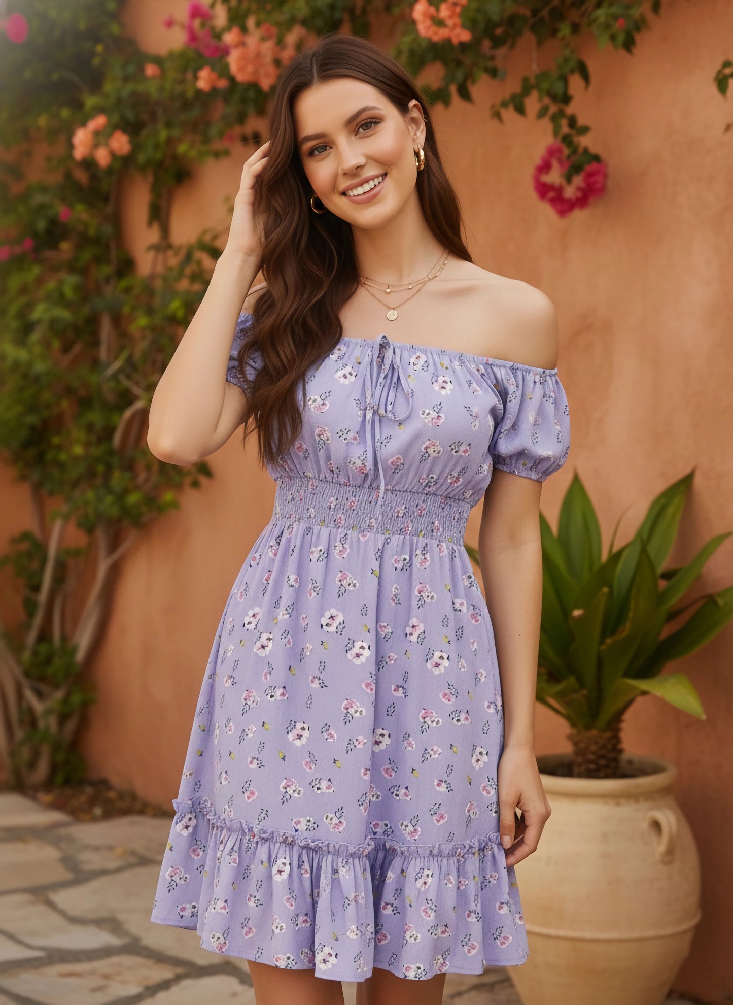 Berrylush Women Purple & White Floral Printed Off-Shoulder Neck Front Tie-Up Pleated Fit & Flare Mini Dress